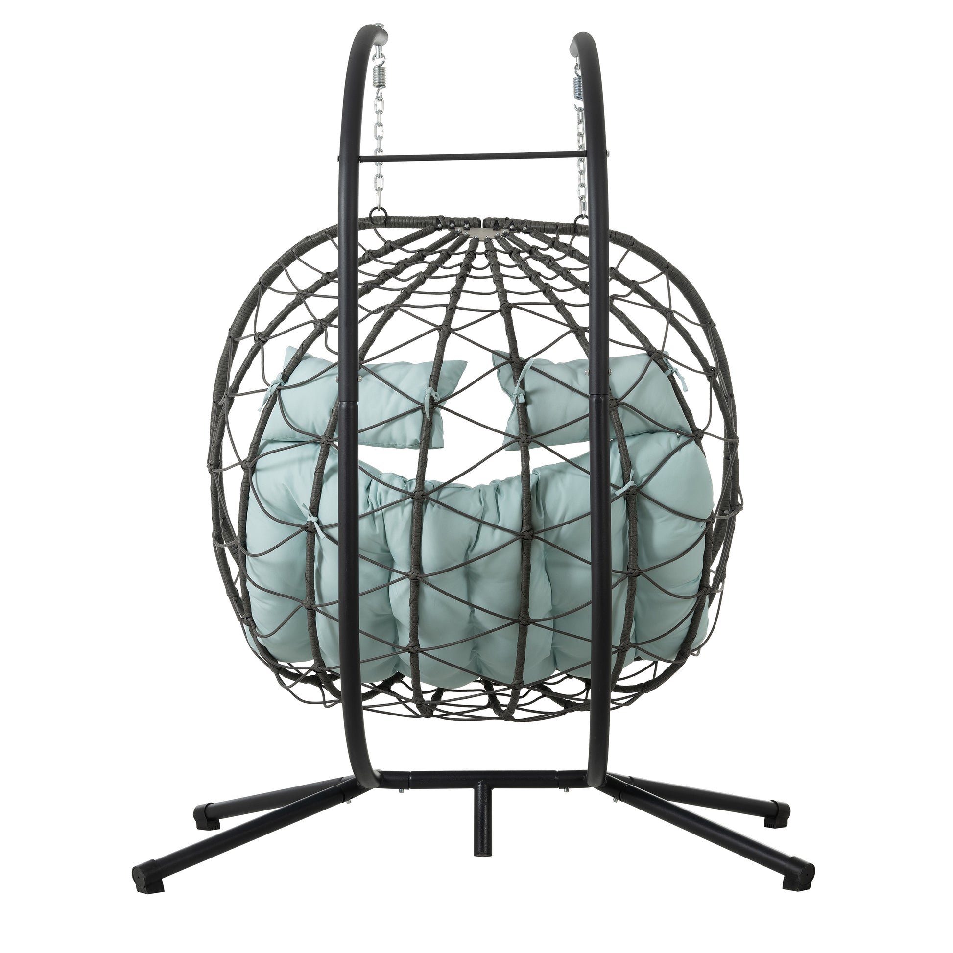 Woven dark gray egg swing chair with teal cushions suitable for patio relaxation