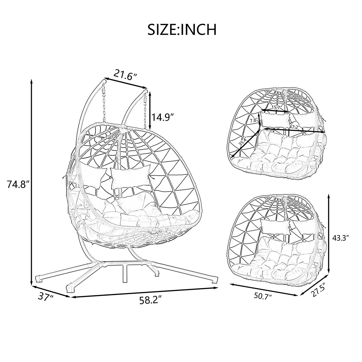 Line drawing of a modern eggshaped wicker hanging chair with plush cushions for patio use