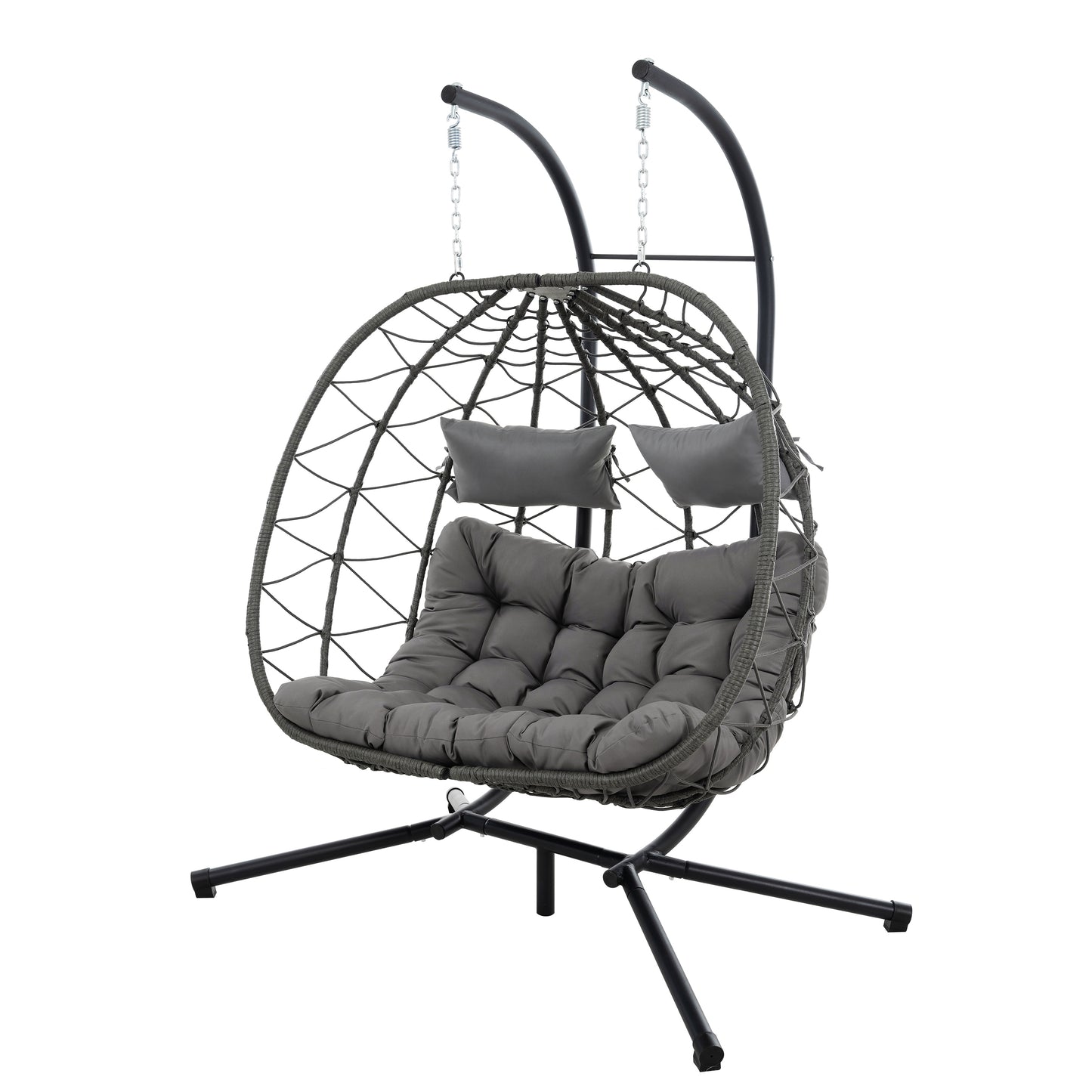 Woven grey egg chair with plush cushions and metal stand ideal for outdoor seating