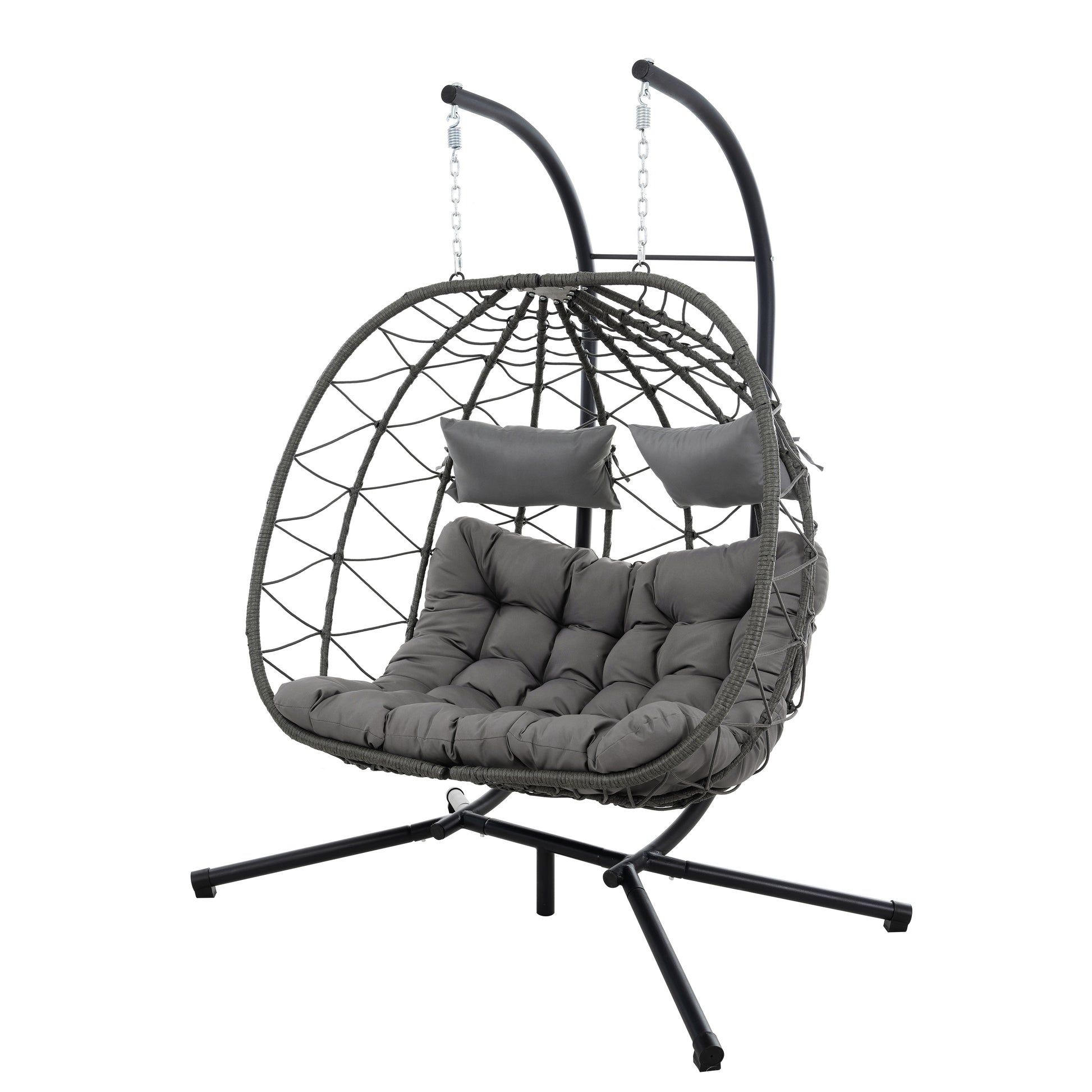 Woven grey egg chair with plush cushions and metal stand ideal for outdoor seating