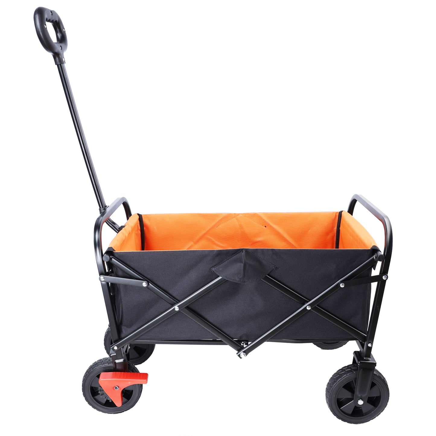 Black folding wagon with orange interior and sturdy black frame