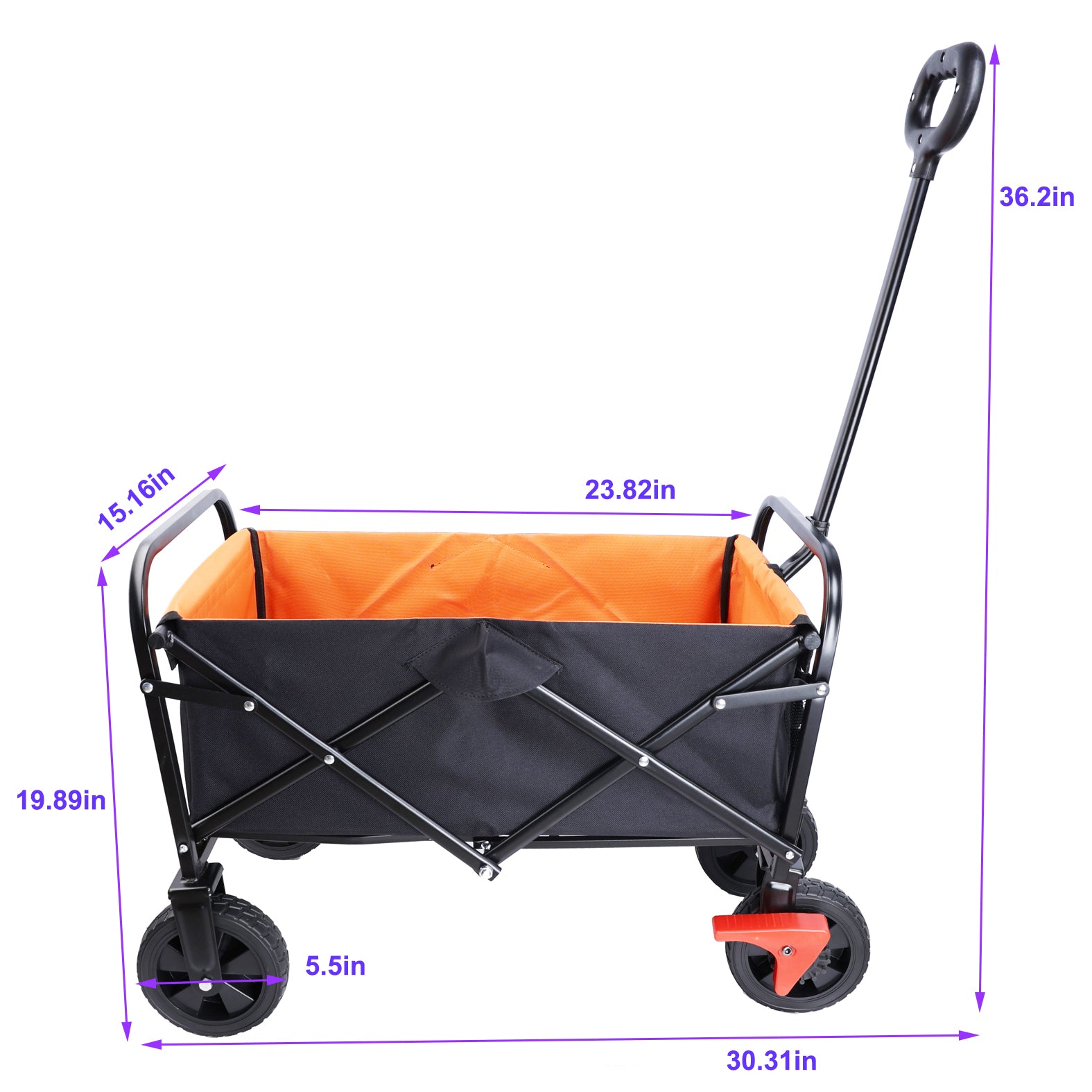 Black collapsible garden wagon with orange interior ideal for outdoor transport