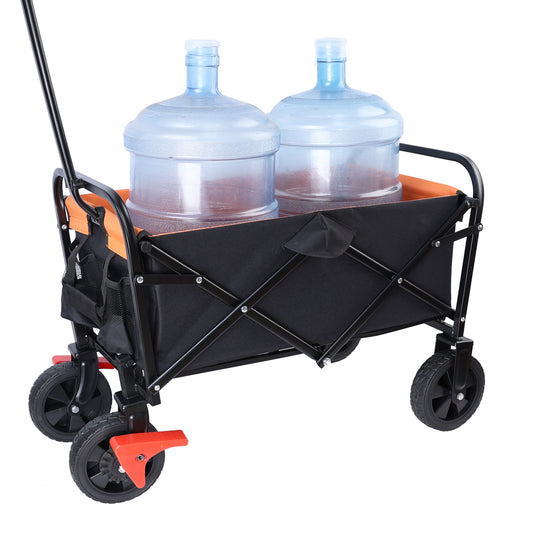 Collapsible wagon with two large water jugs in black and orange fabric