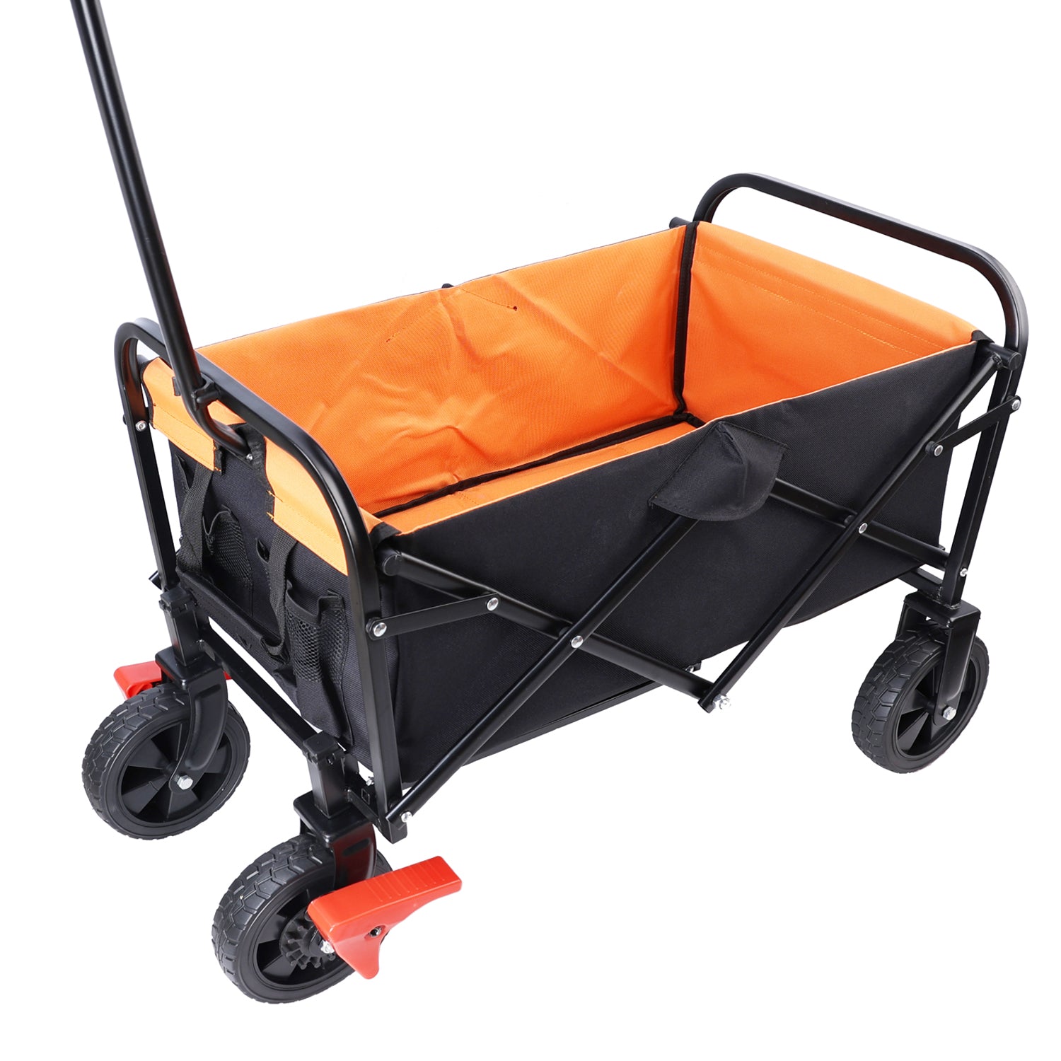 Foldable garden wagon with orange interior and black frame ideal for hauling outdoor supplies