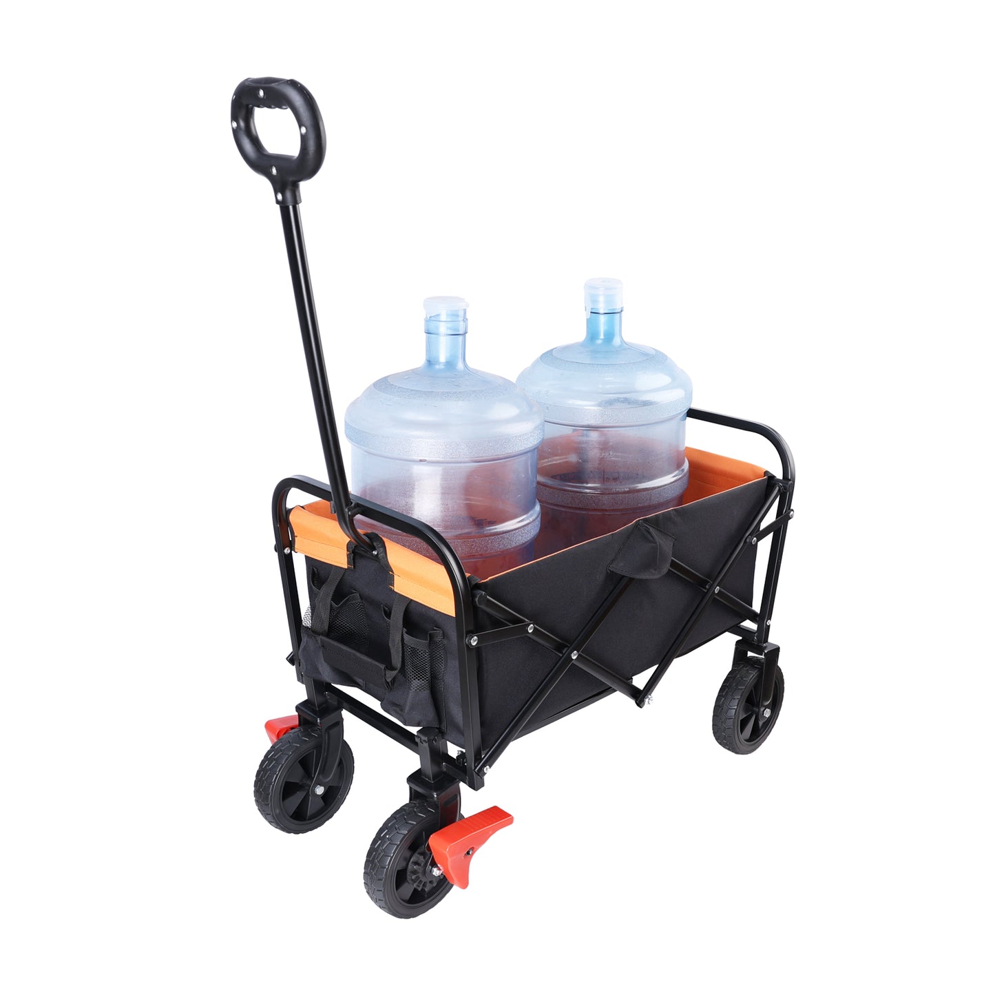 Black folding wagon with orange trim carrying two large water jugs