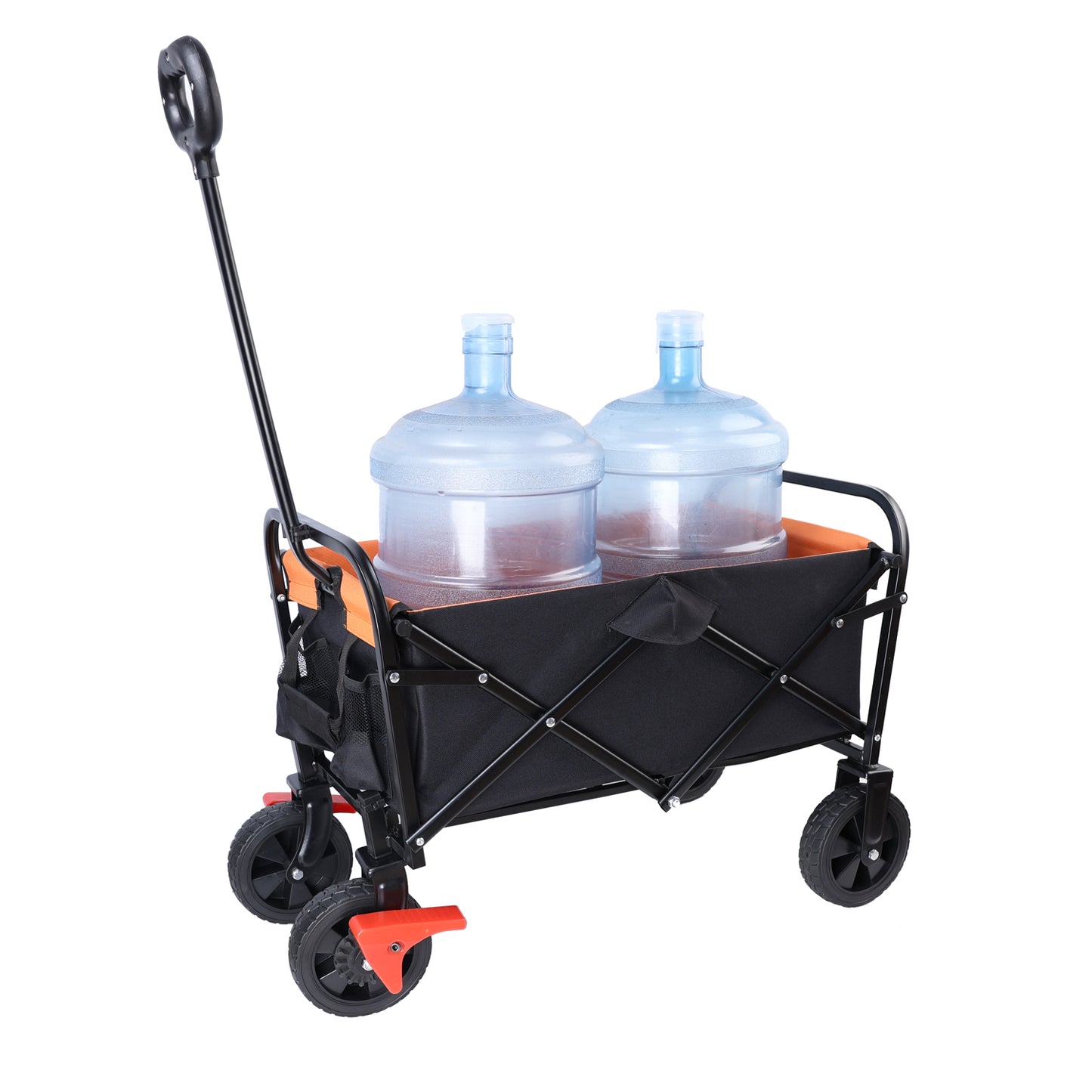 Black folding utility wagon with orange lining carrying two large water jugs