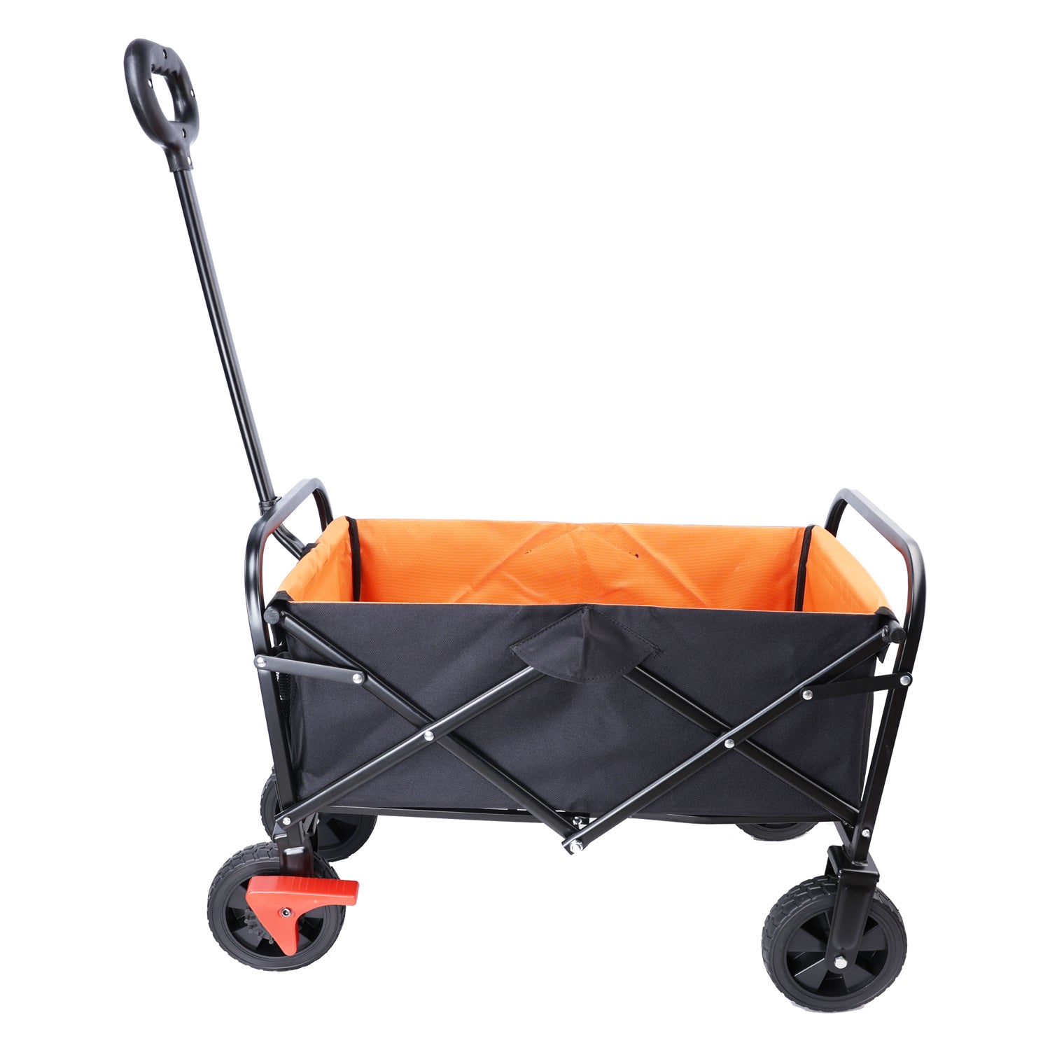 Black collapsible wagon with orange interior perfect for beach trips