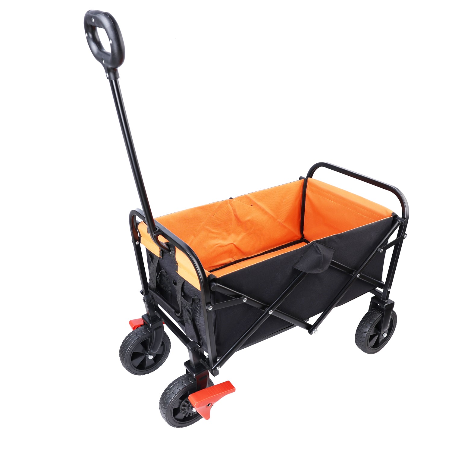 Black and orange folding wagon with large wheels and handle