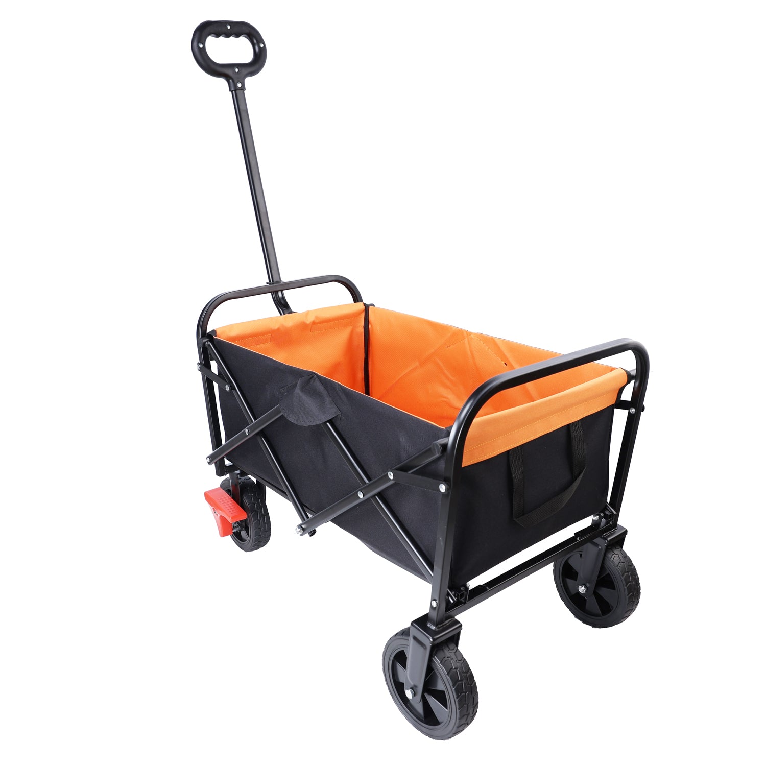 Black and orange folding utility wagon with adjustable handle for beach trips