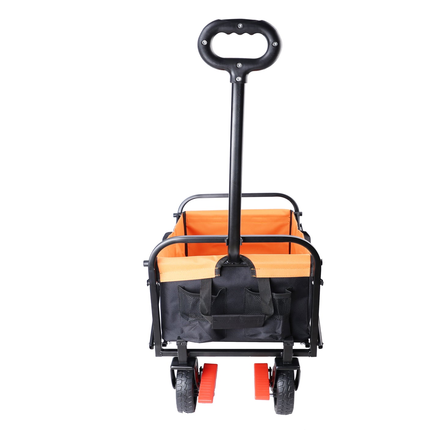 Orange collapsible wagon with black frame and adjustable handle for easy transport