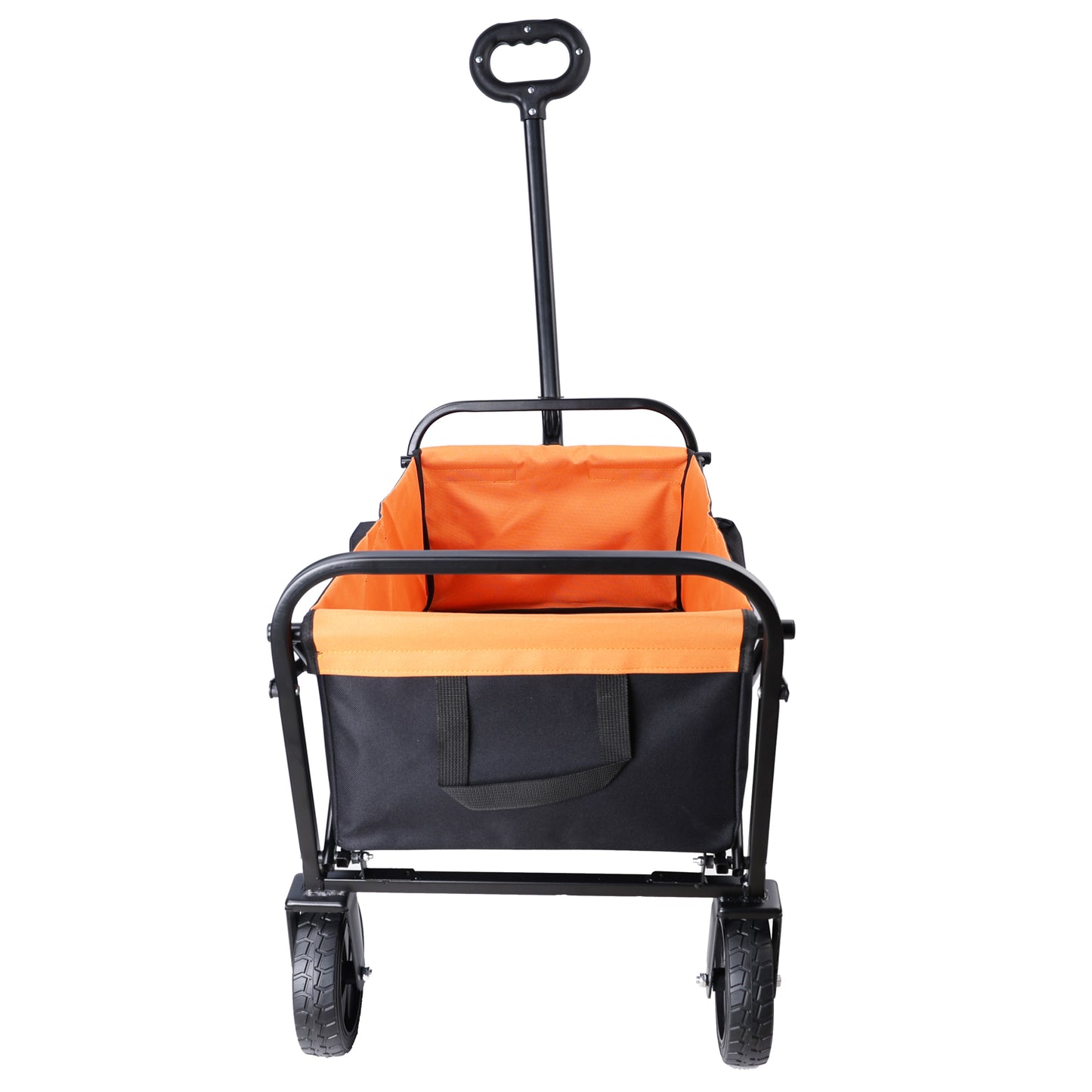 Orange and black folding wagon with adjustable handle and allterrain wheels