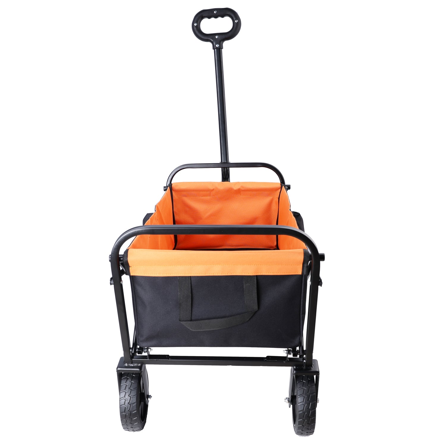 Orange and black folding wagon with adjustable handle and allterrain wheels