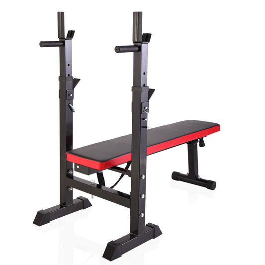 Black and red weight bench with adjustable uprights for home gym workouts