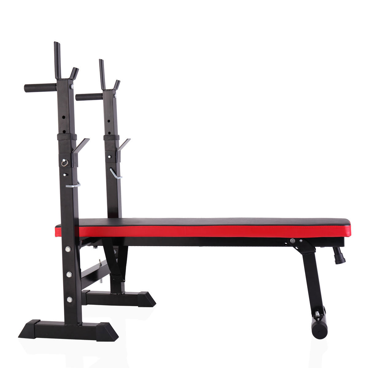 Black and red adjustable weight bench with barbell rack for home gym workouts
