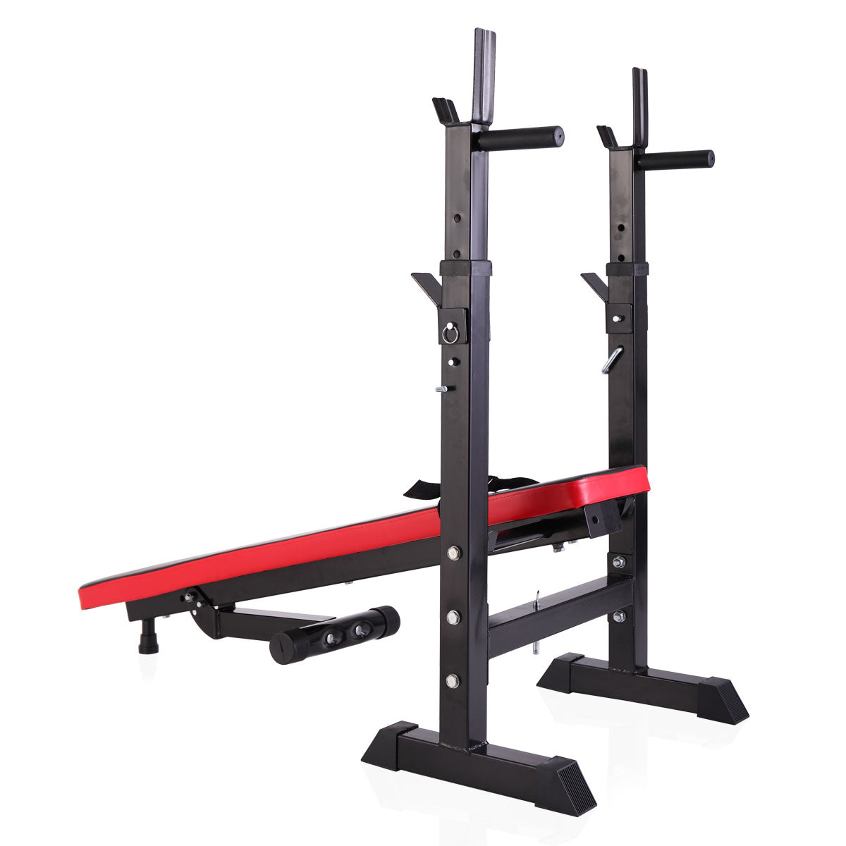 Black adjustable weight bench with red padding and sturdy steel frame
