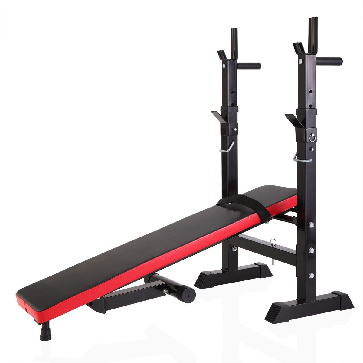 Adjustable weight bench with black padded seat and red trim for home gyms