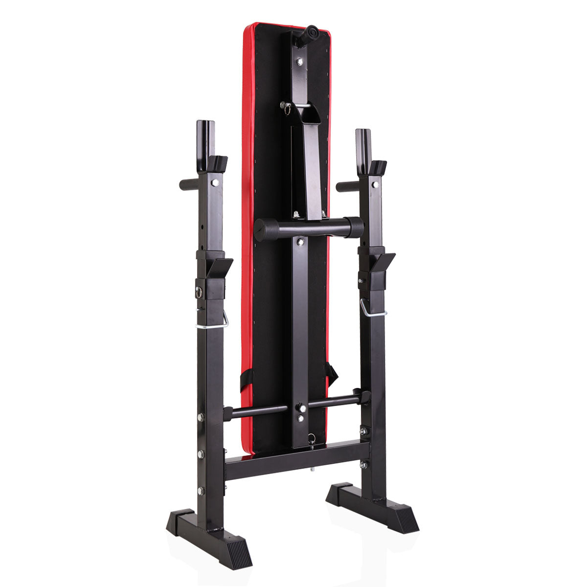Adjustable weight bench with red padding and black steel frame ideal for home gyms