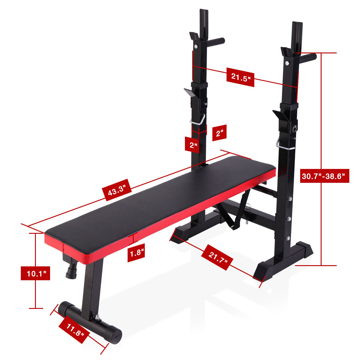 Adjustable weight bench with red trim black padded seat and barbell rack