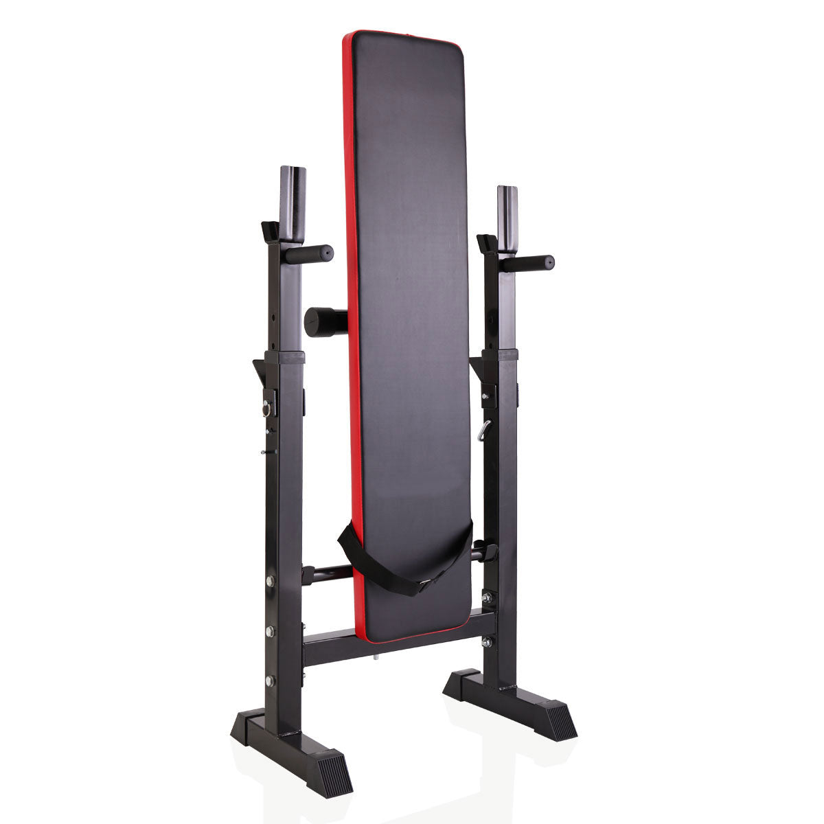 Adjustable black and red weight bench for home gym workouts