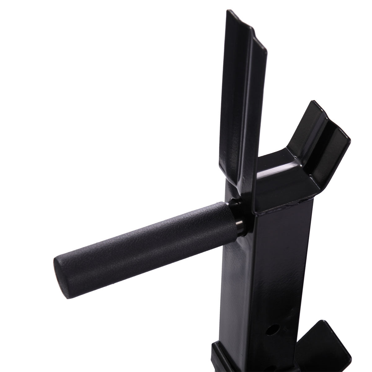Black metal barbell rack attachment with textured grip for weightlifting