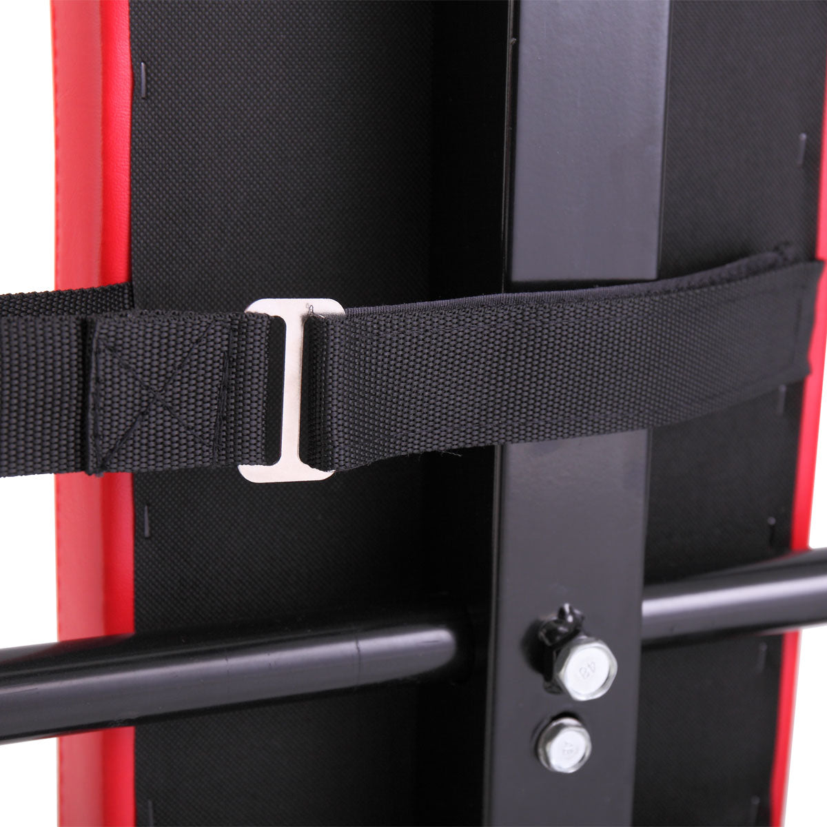 Red and black punch mitt strap with metal buckle for secure fit