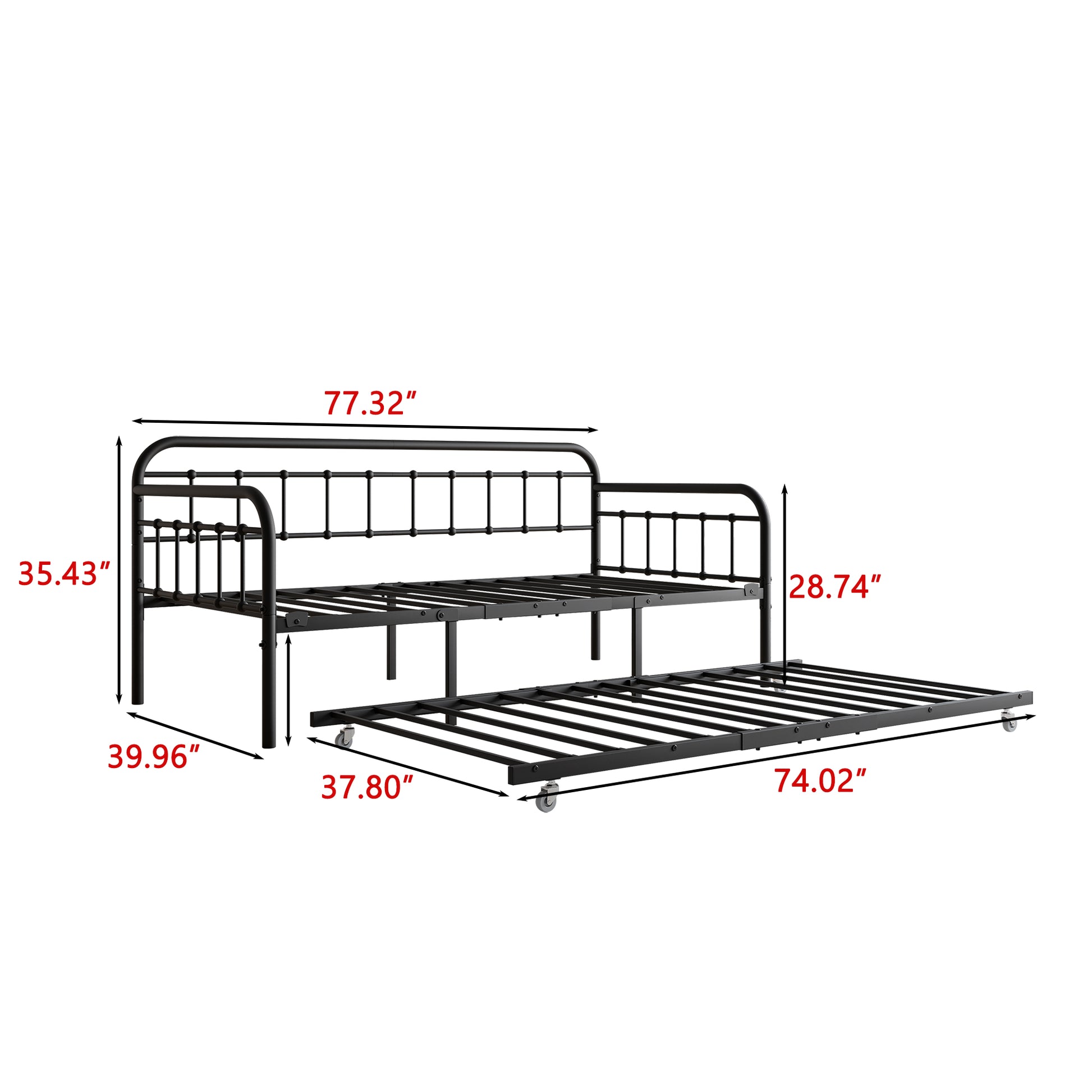Black metal daybed with trundle measuring  L  H  W