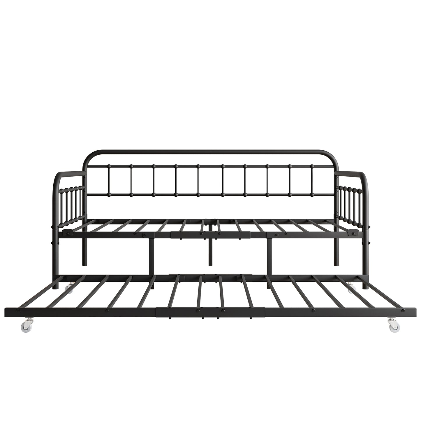Black metal daybed frame with pullout trundle and rolling casters