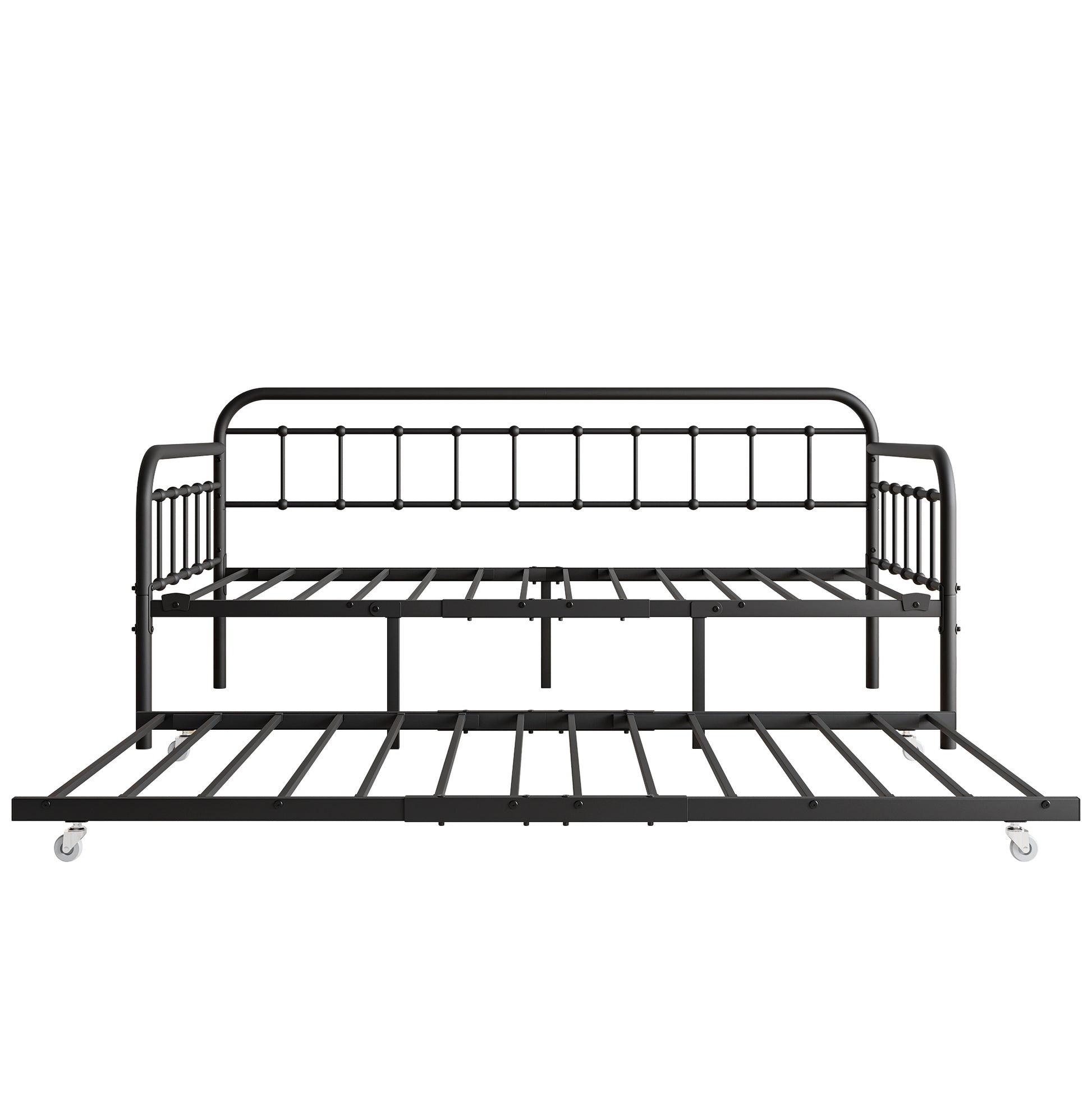 Black metal daybed frame with pullout trundle and rolling casters