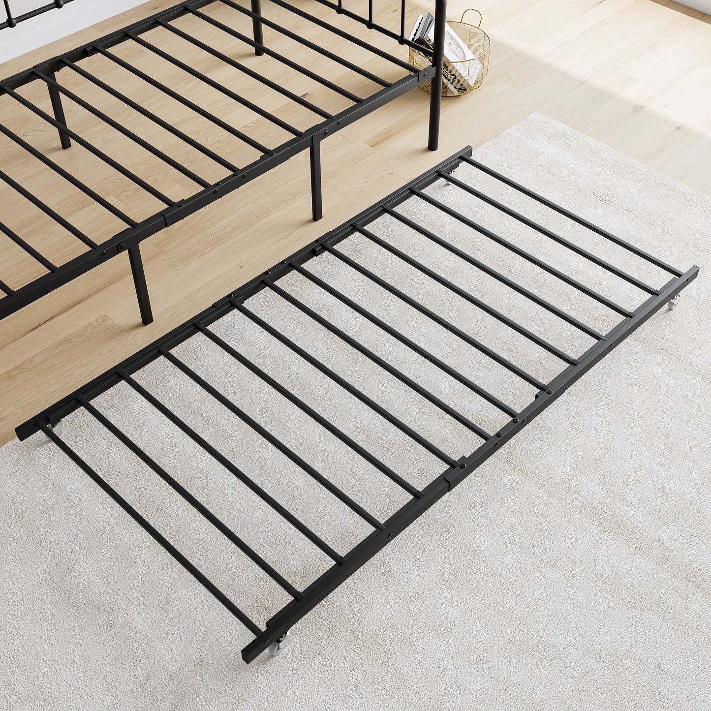 Black metal twin bed frame with a slatted design perfect for small bedrooms