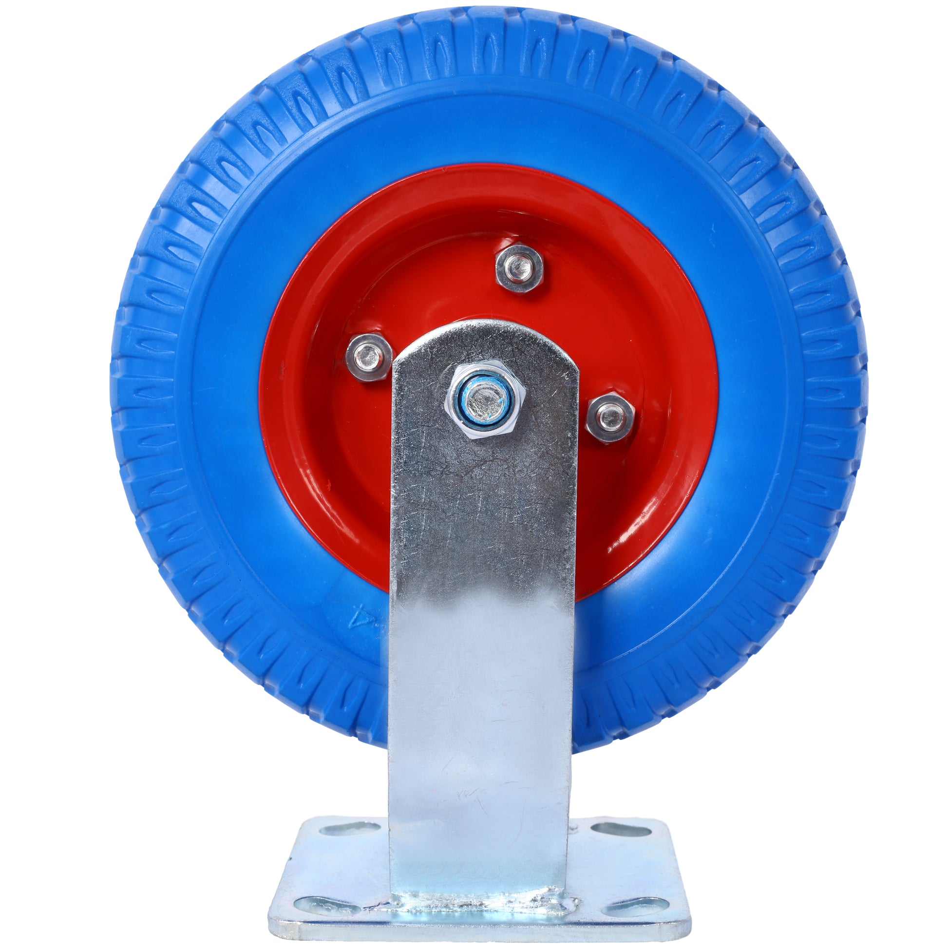 Blue rubber caster wheel with red metal hub and silver swivel bracket for heavyduty carts