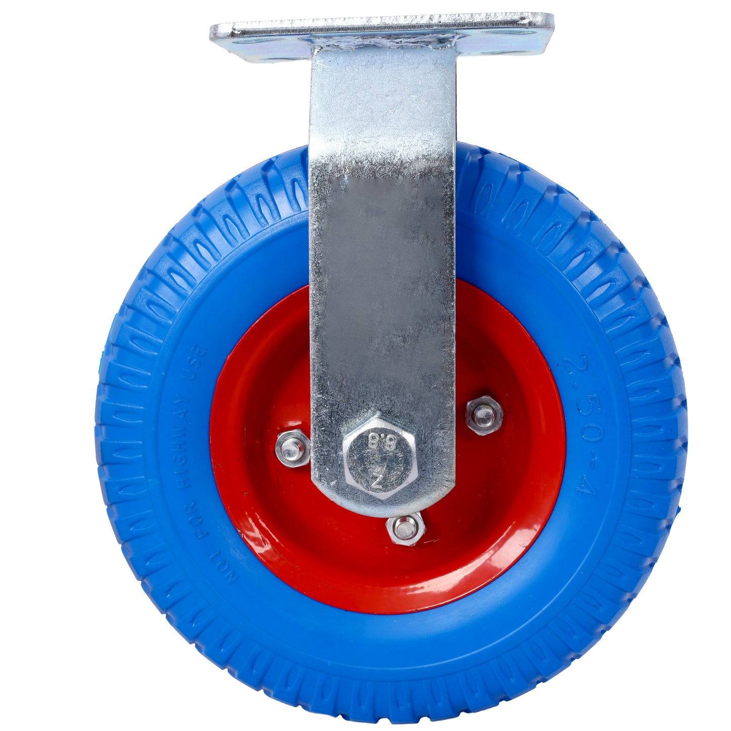 Blue pneumatic caster wheel with red metal hub and steel mounting plate