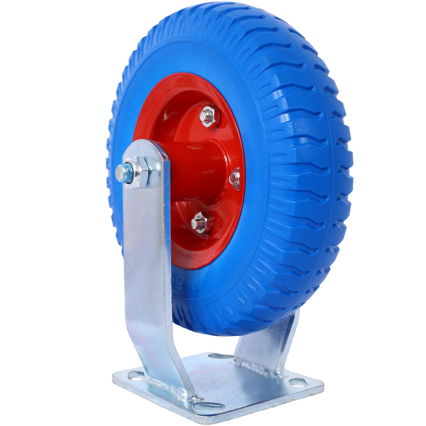 Blue pneumatic caster wheel with red hub and steel mounting bracket