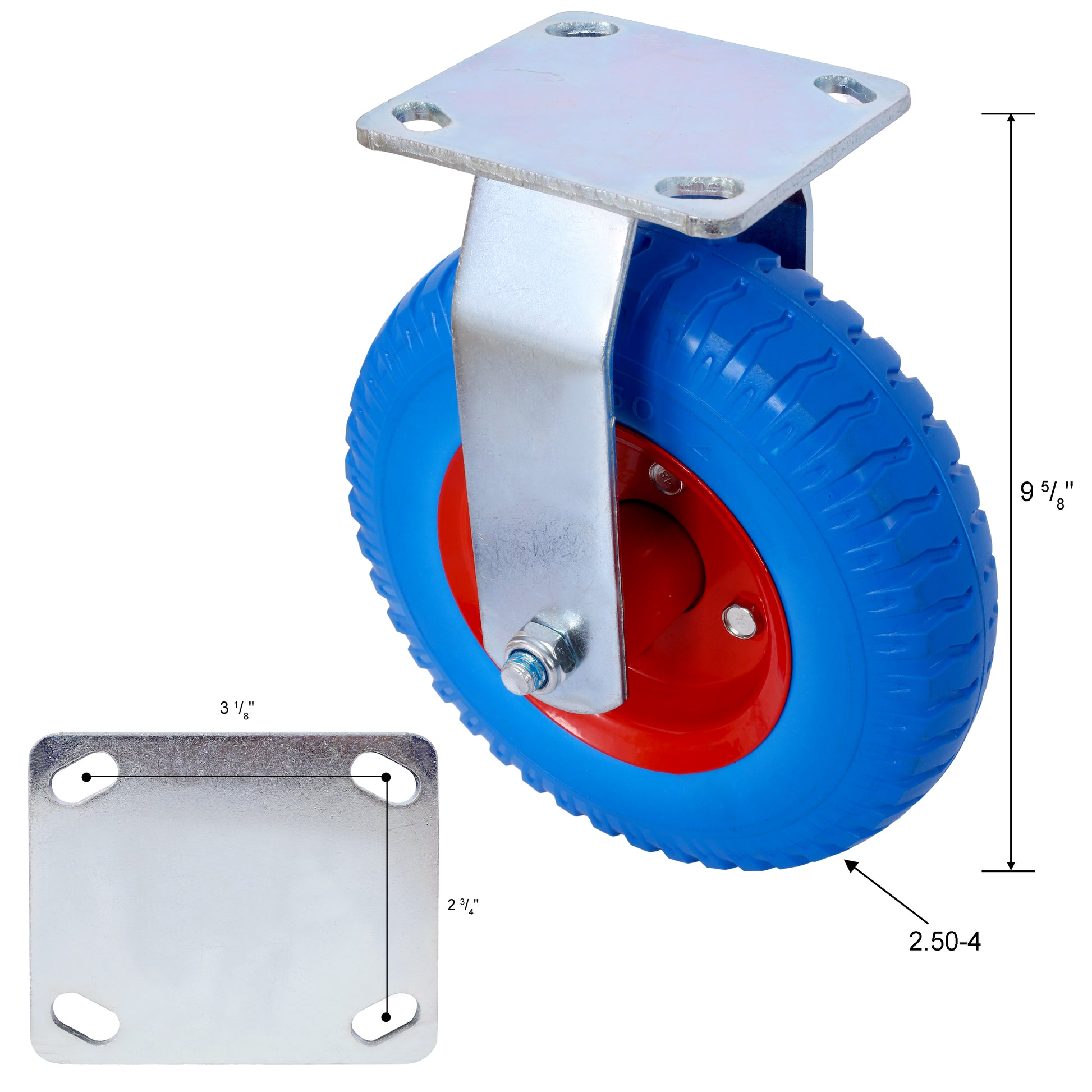 Heavyduty blue pneumatic caster wheel with red hub and swivel mount for industrial carts
