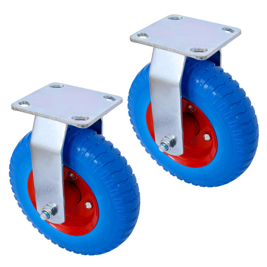 Heavy duty blue pneumatic caster wheel with red rim and silver metal mounting plate