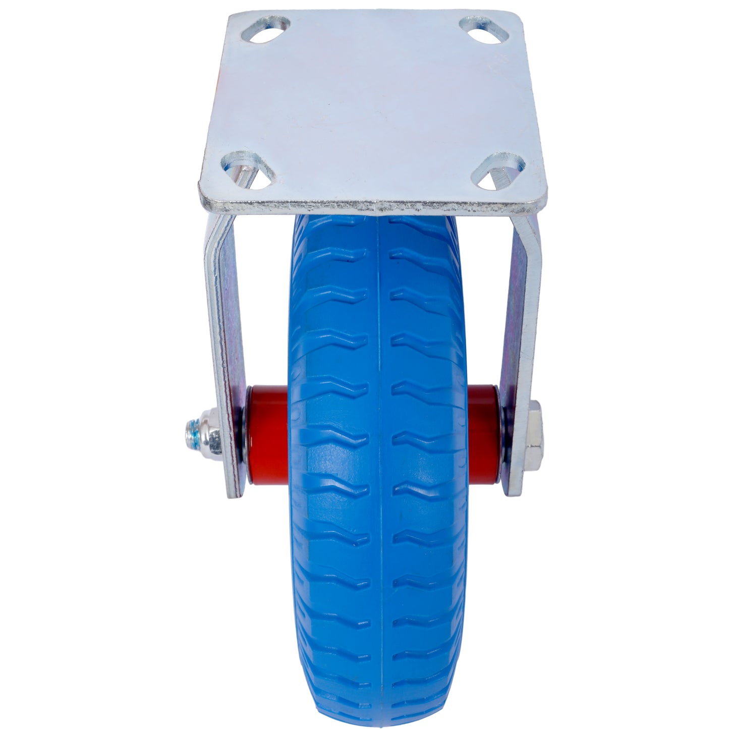 Blue polyurethane caster wheel with silver steel mounting plate and hardware