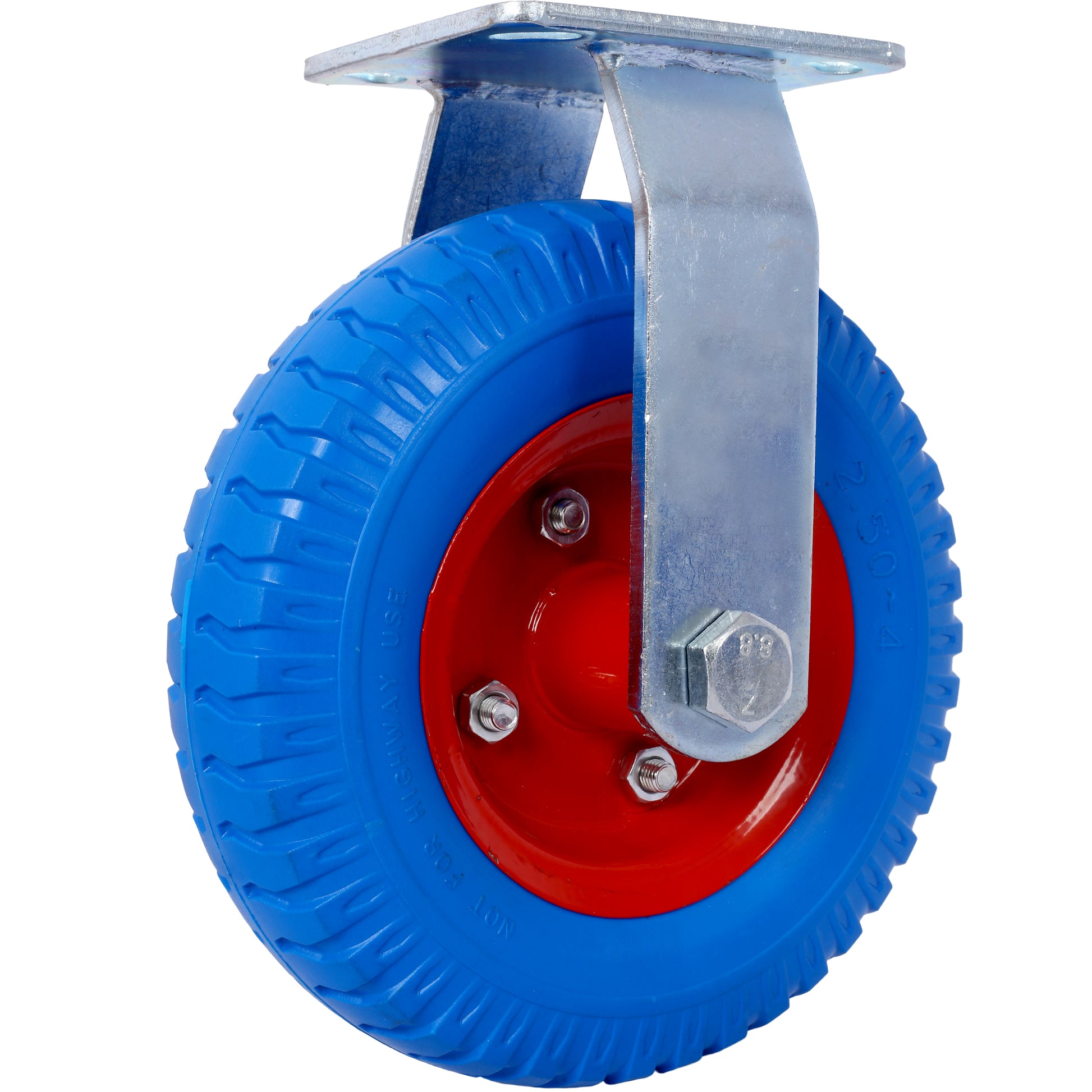 Heavyduty caster wheel with blue rubber tire and red metal hub