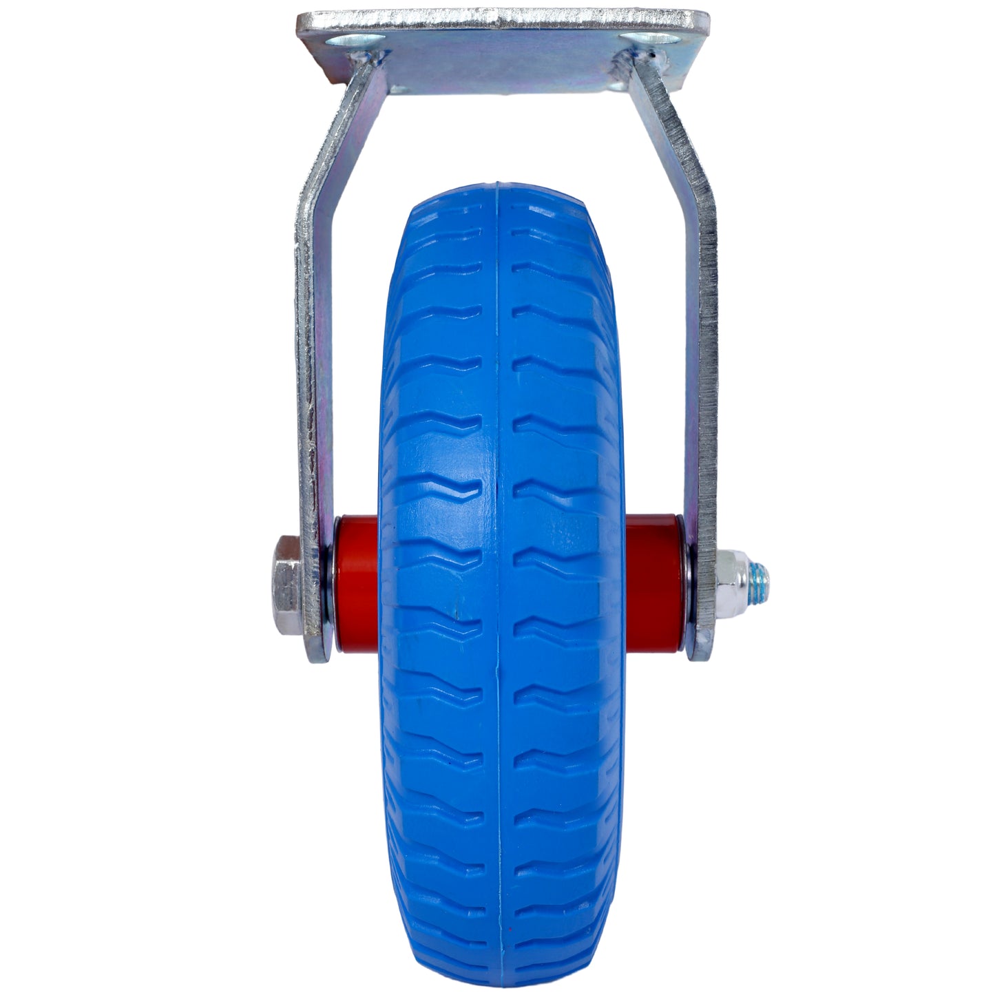 Blue rubber caster wheel with metal bracket and red hub