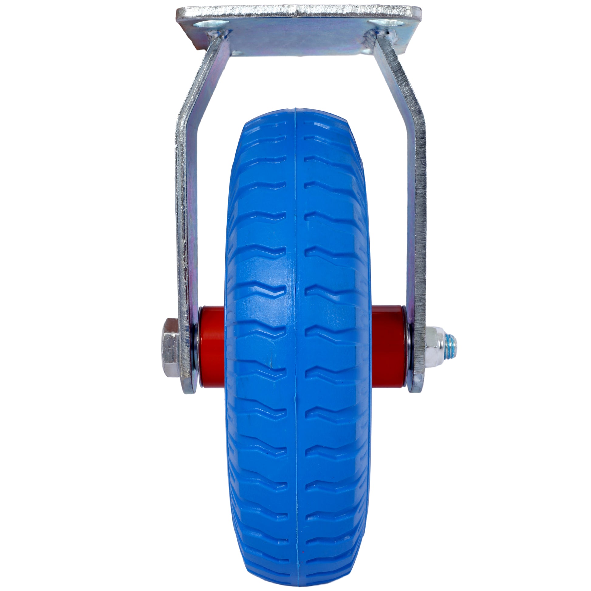 Blue rubber caster wheel with metal bracket and red hub