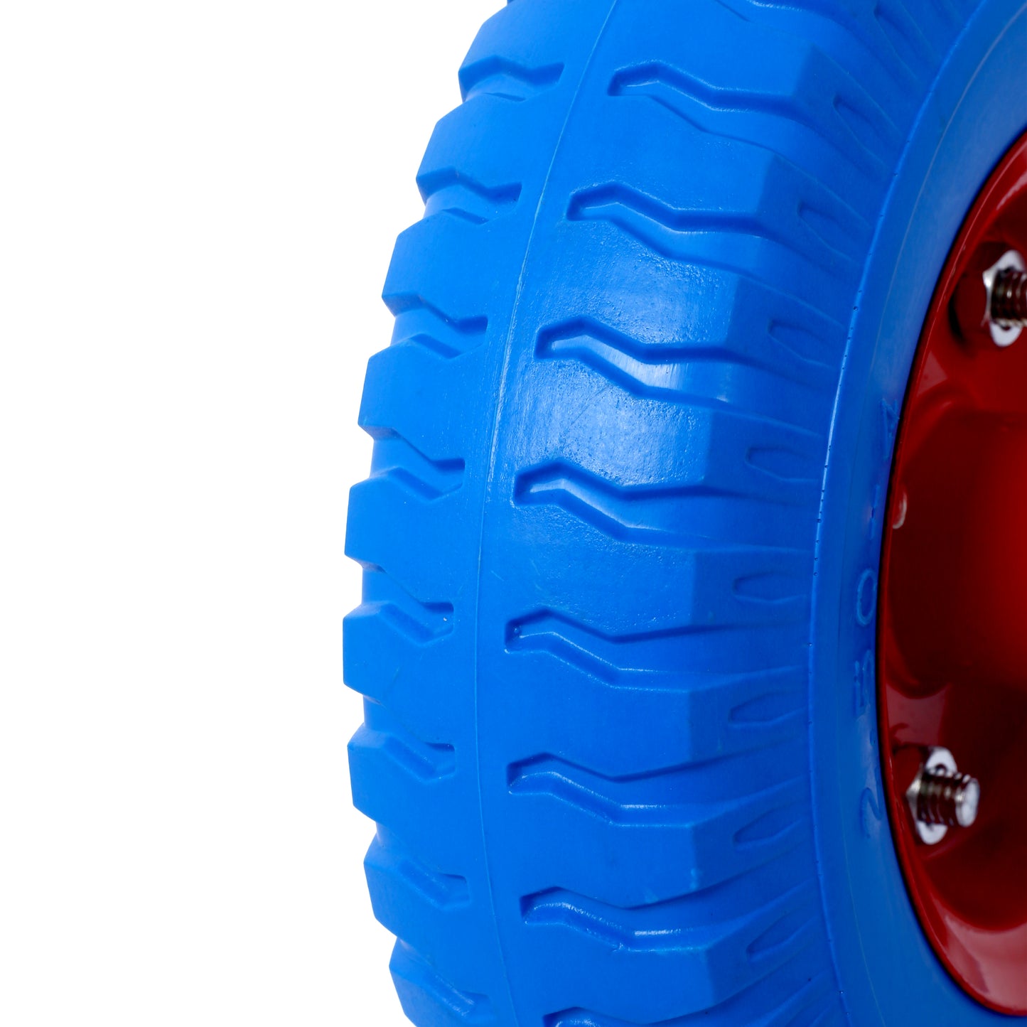 Blue rubber tire with red rim ideal for wheelbarrows or garden carts