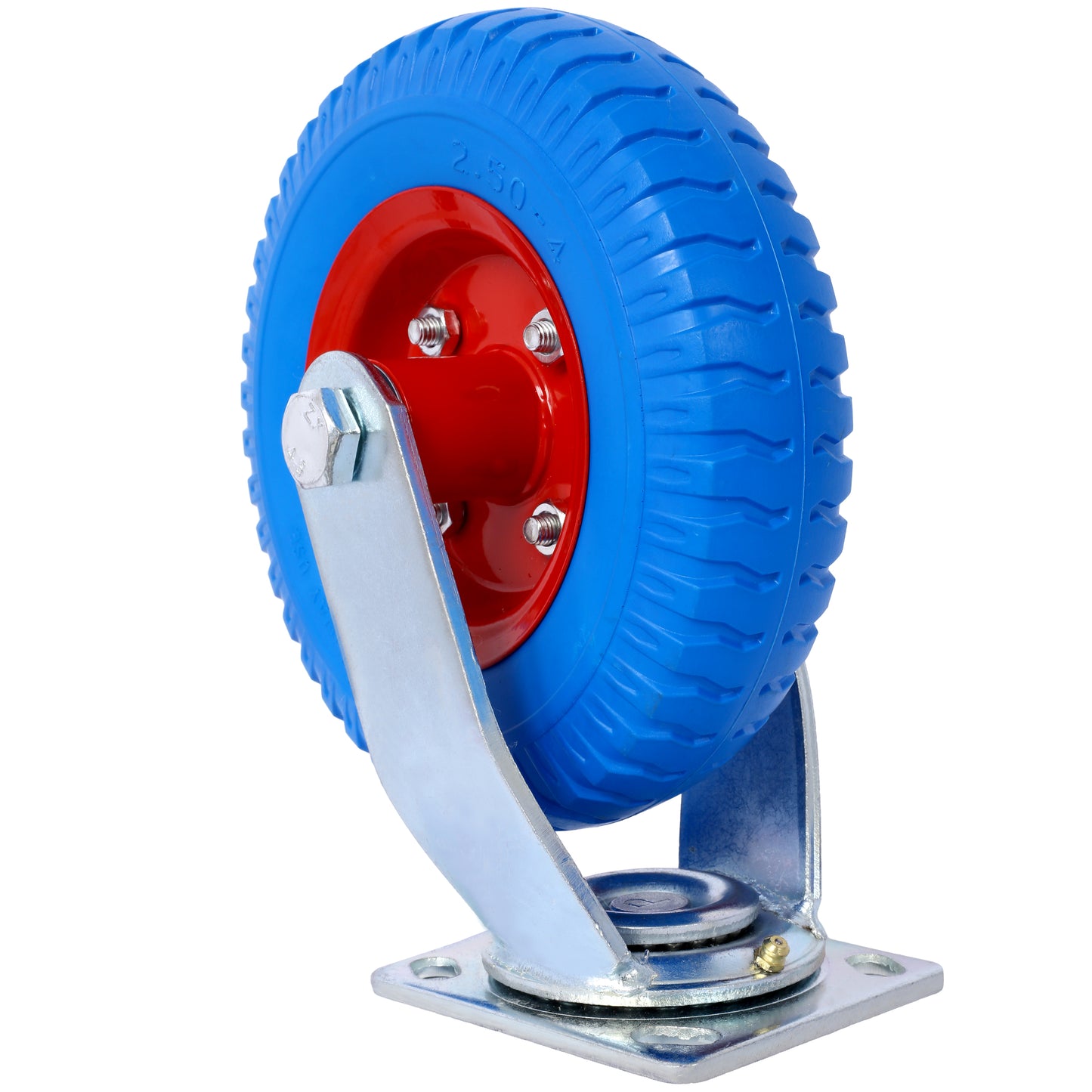 Blue pneumatic caster wheel with red hub and silver mounting plate