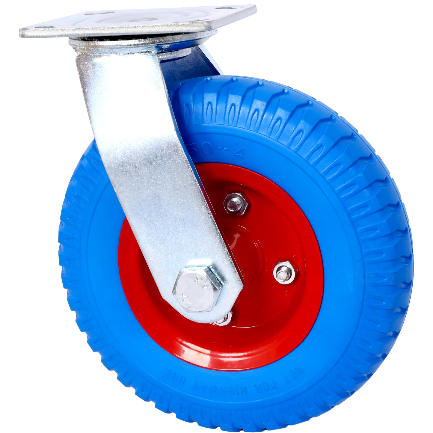 Blue swivel caster with heavyduty red wheel and steel mounting plate