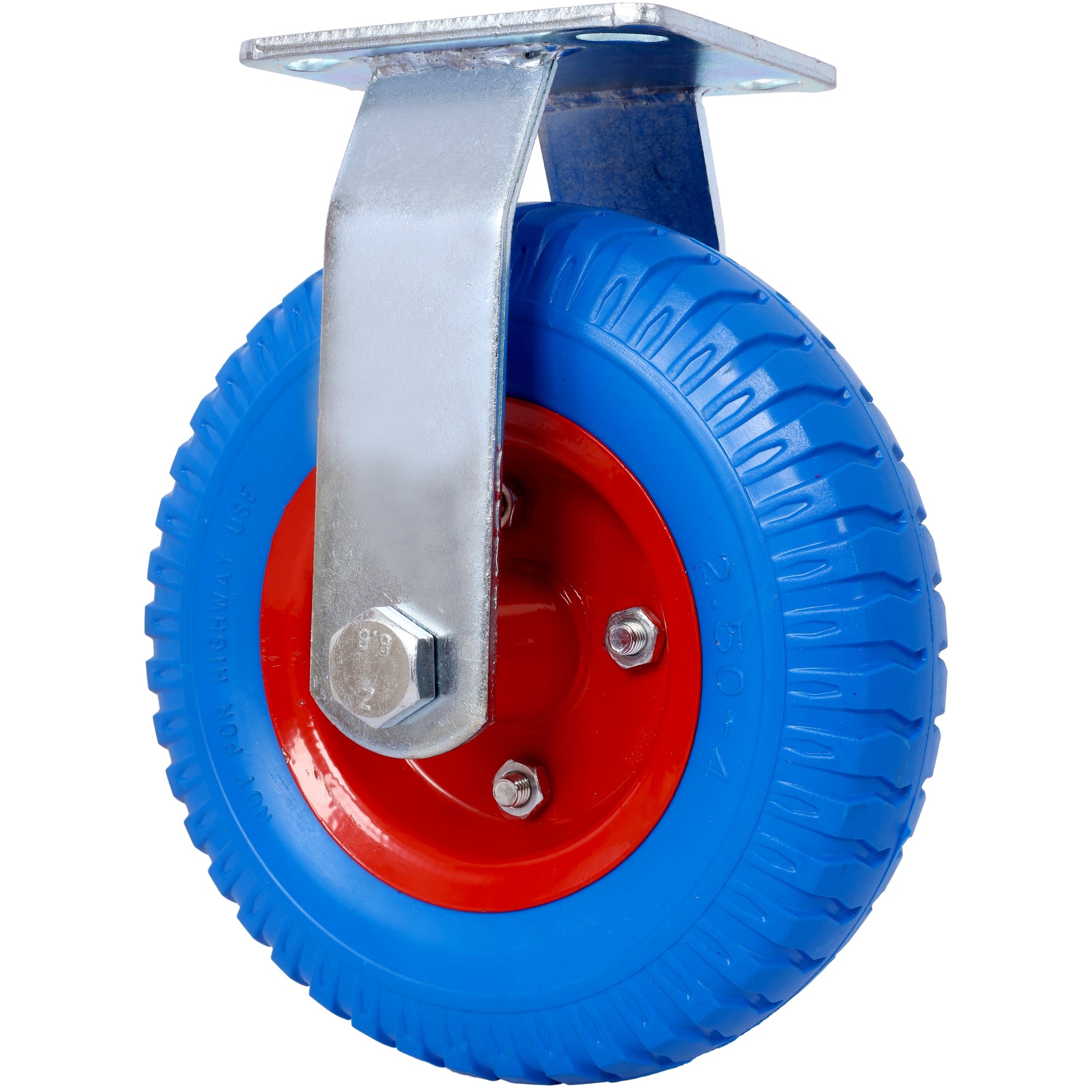 Heavyduty blue caster wheel with red hub and silver metal plate attachment