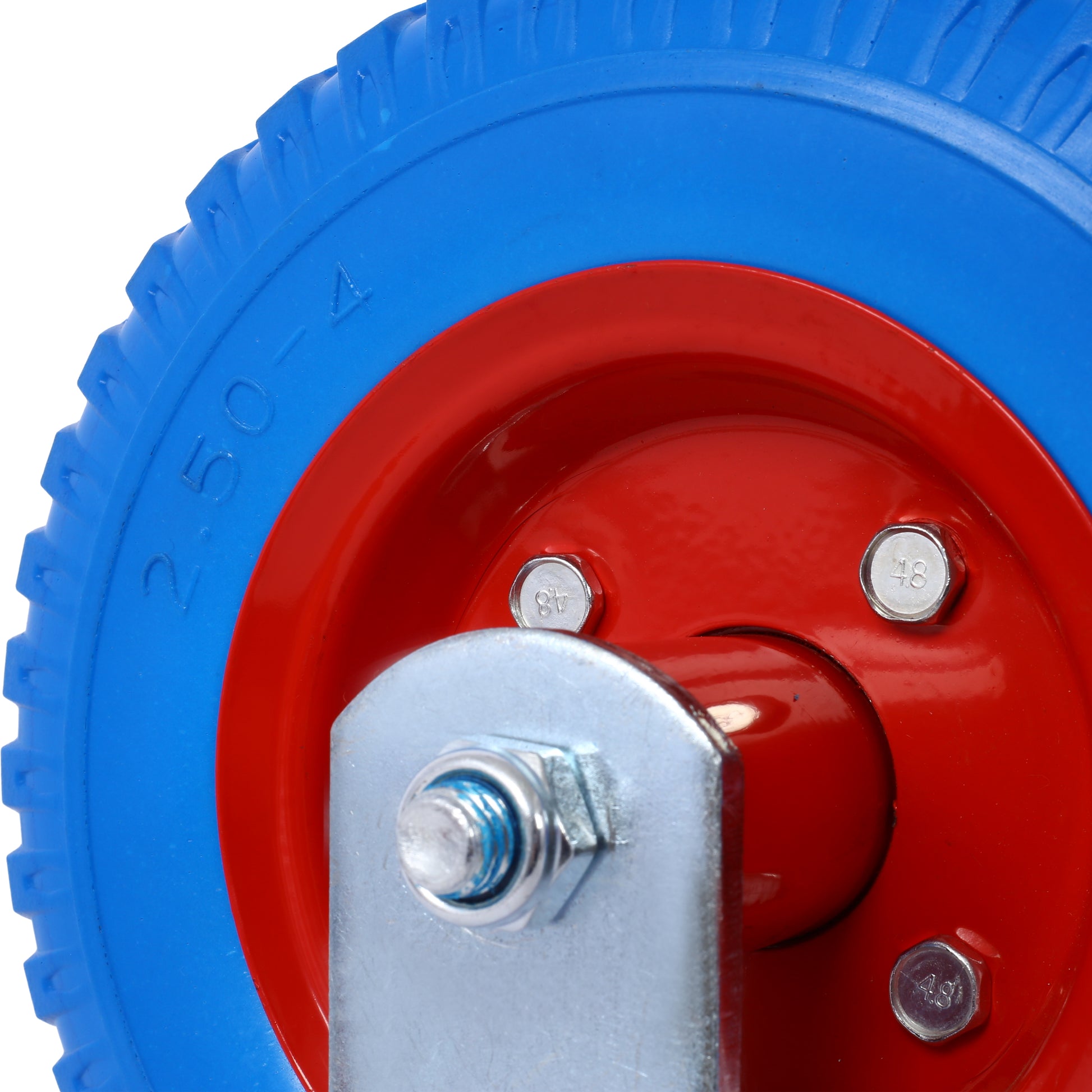 Closeup of a blue rubber wheel with a red metal rim and bolt detail size