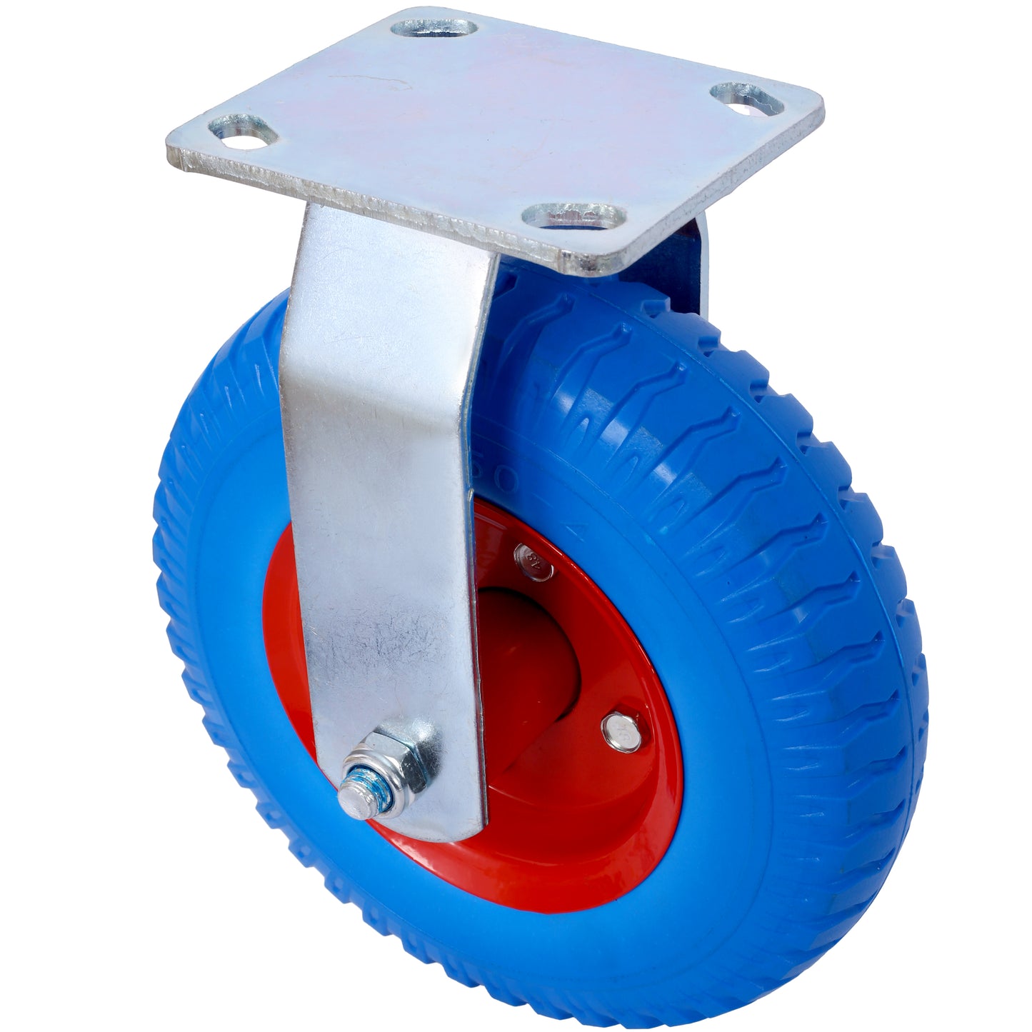 Heavy duty blue caster wheel with red rim and metal mounting plate