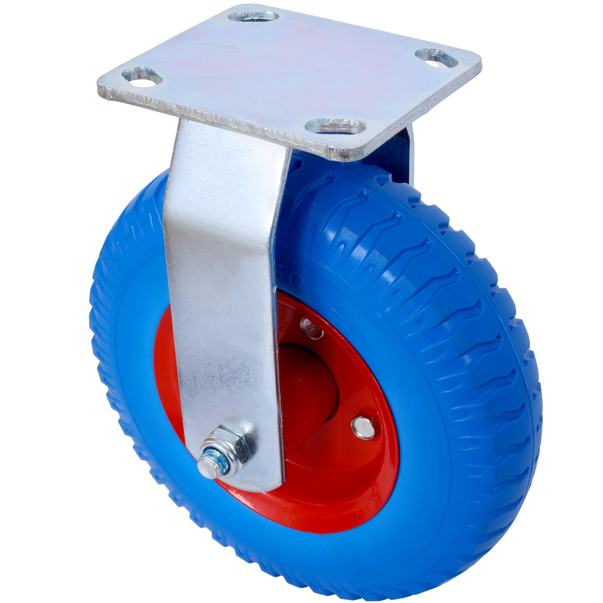 Heavy duty blue caster wheel with red rim and metal mounting plate