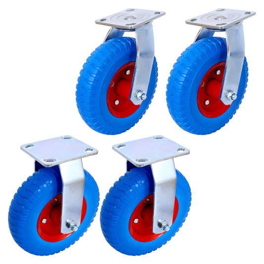 Set of four blue heavy duty casters with red wheels and silver mounting plates