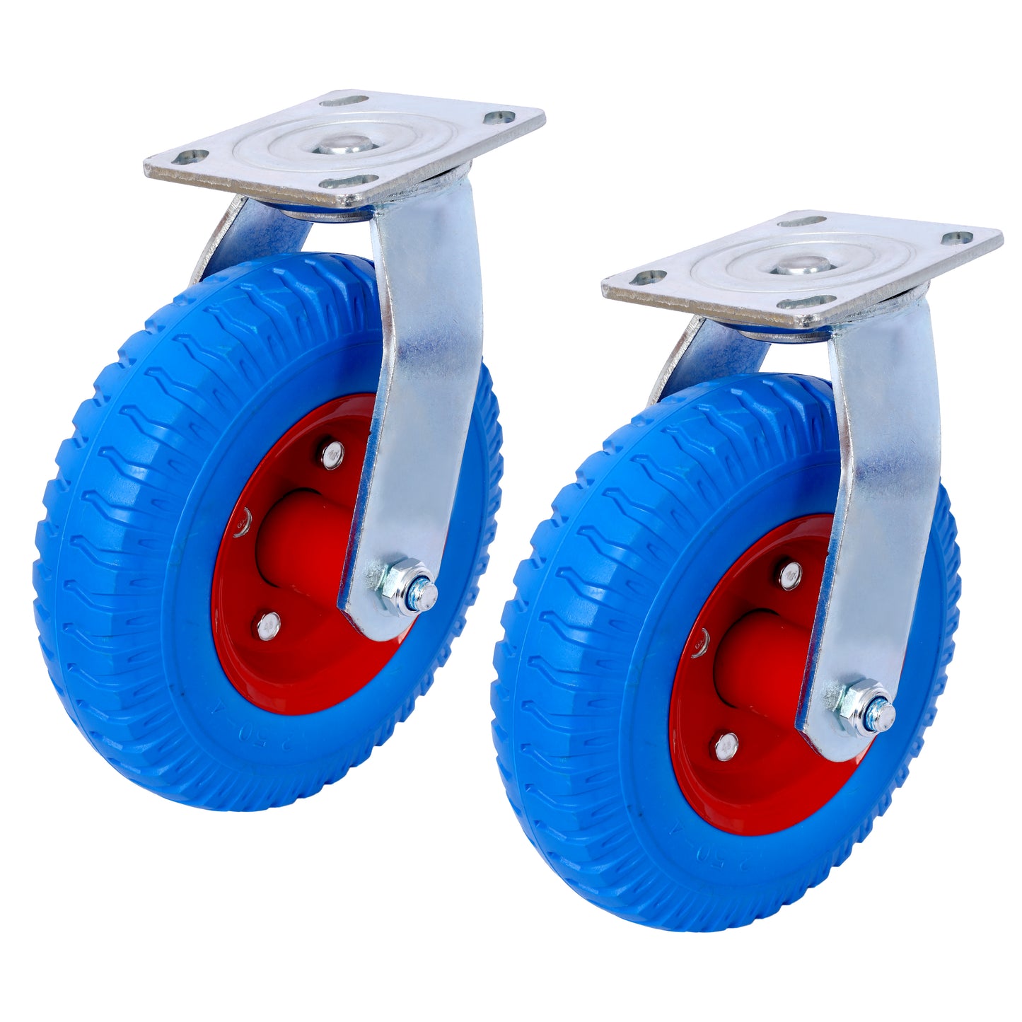Two blue pneumatic casters with red hubs and silver metal mounting plates