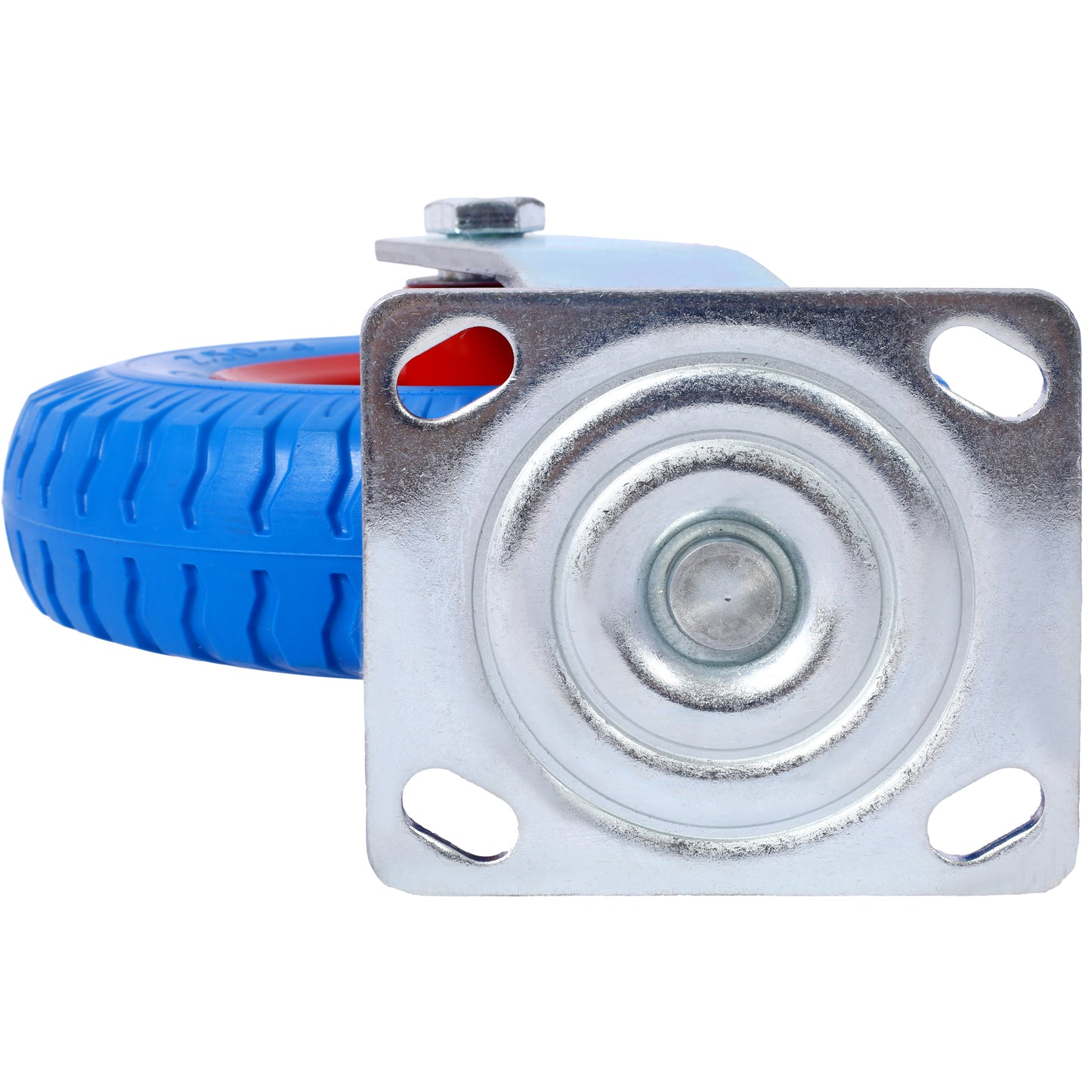 Blue rubber wheel with red hub on silver metal swivel caster plate