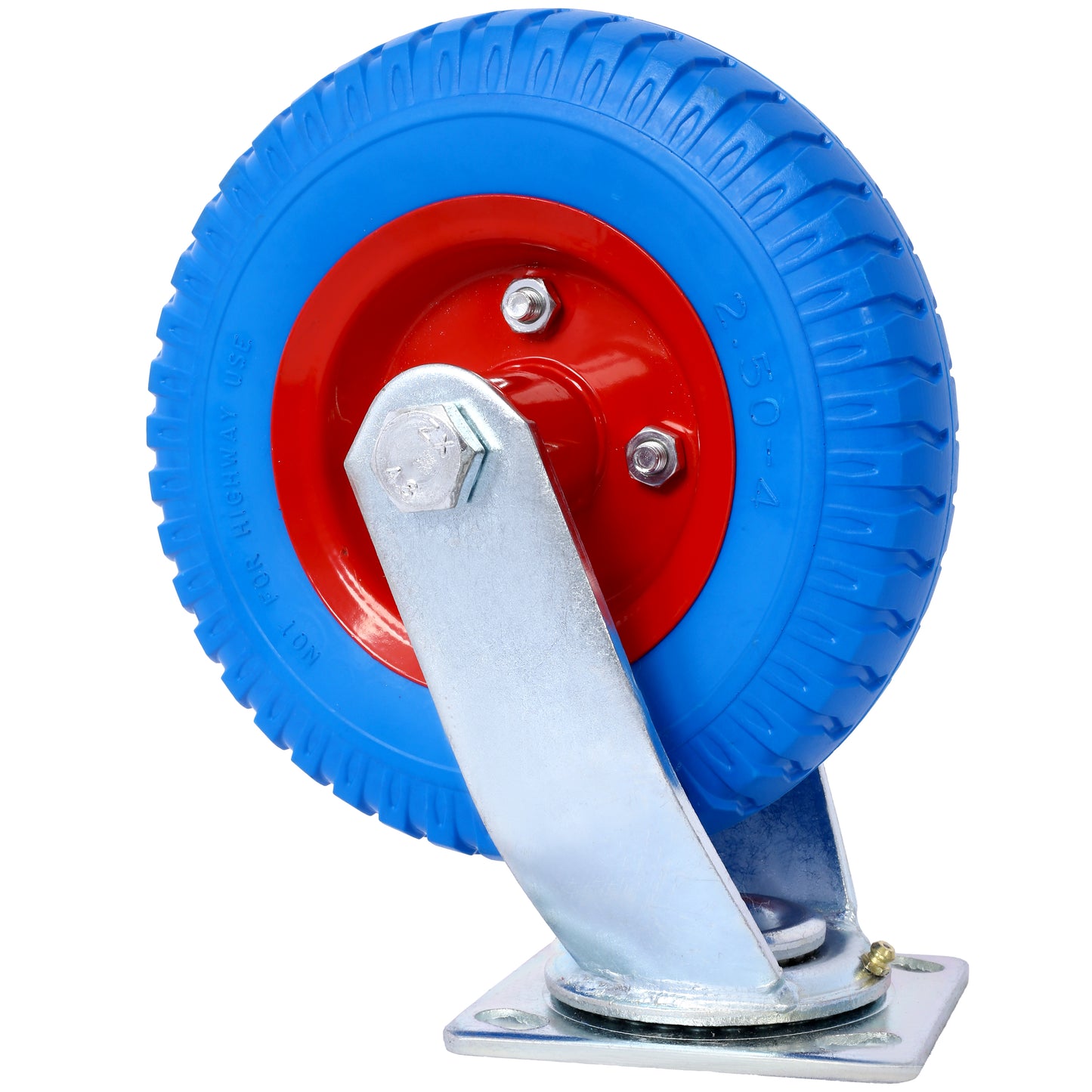 Blue caster wheel with red hub and silver swivel mount