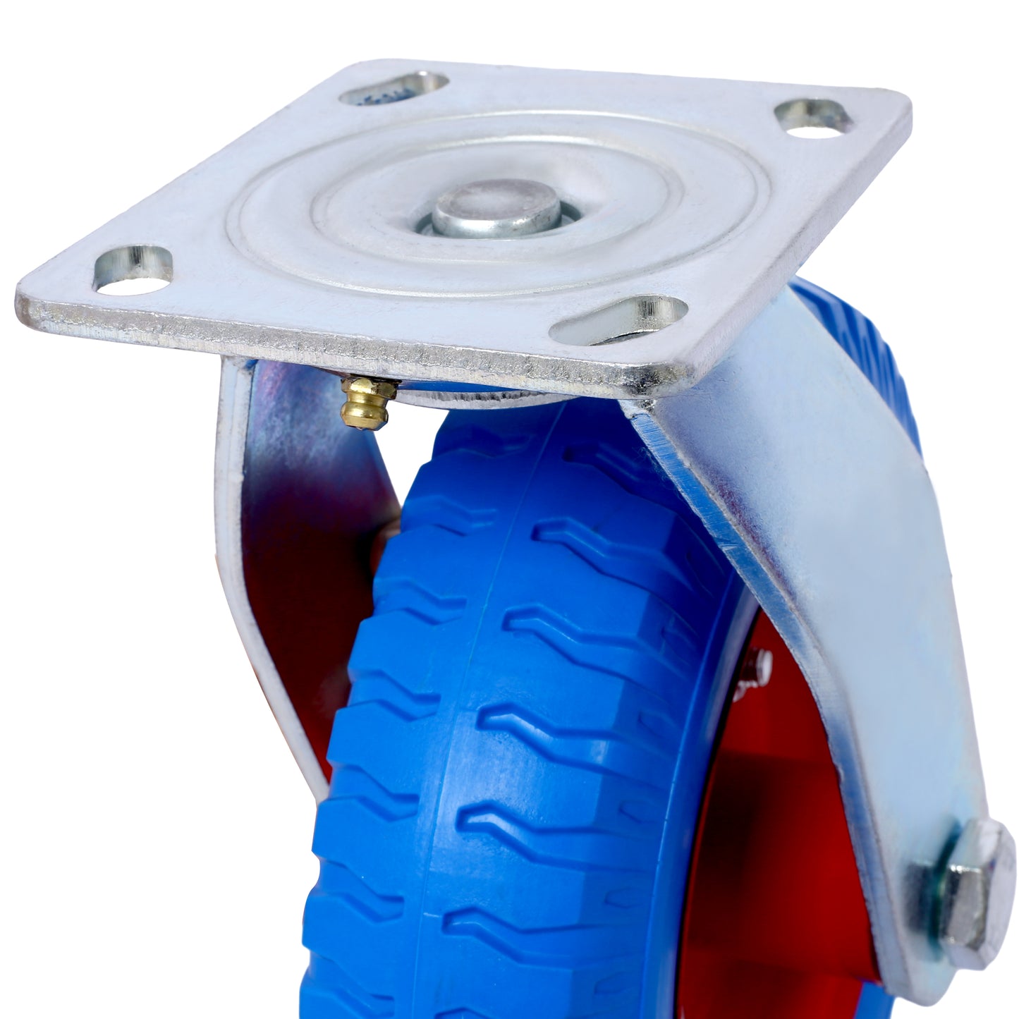Heavyduty swivel caster with a blue rubber tire and metal mounting plate
